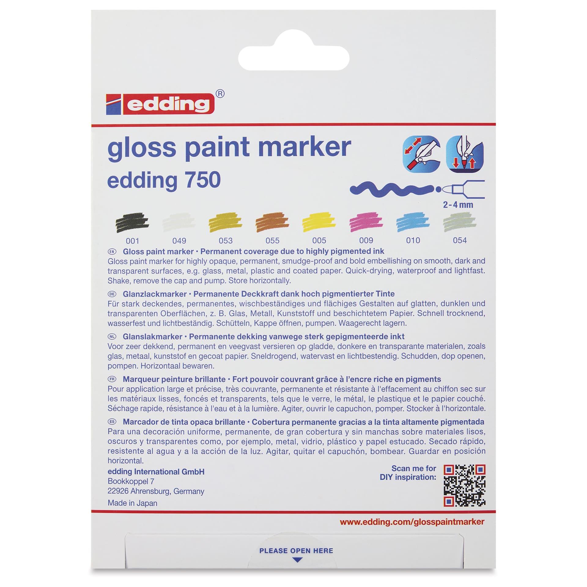 Edding Gloss Paint Markers - Assorted Colors, Set of 8, Round Nib, 2-4 mm, back of the pack