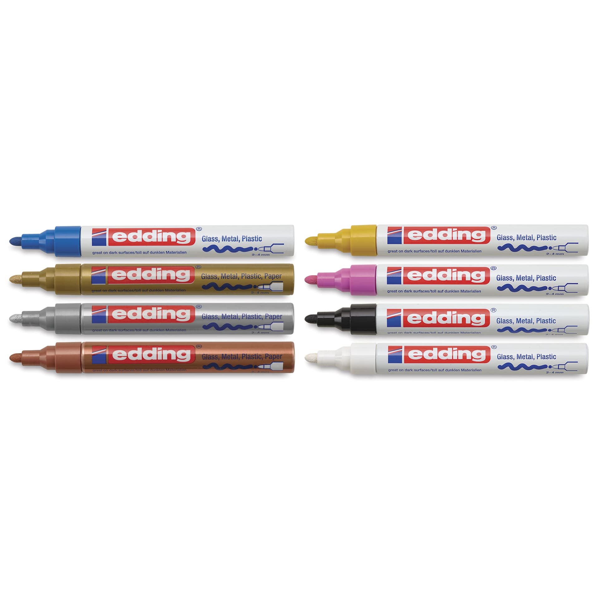 Edding Gloss Paint Markers - Assorted Colors, Set of 8, Round Nib, 2-4 mm, laid out with caps off