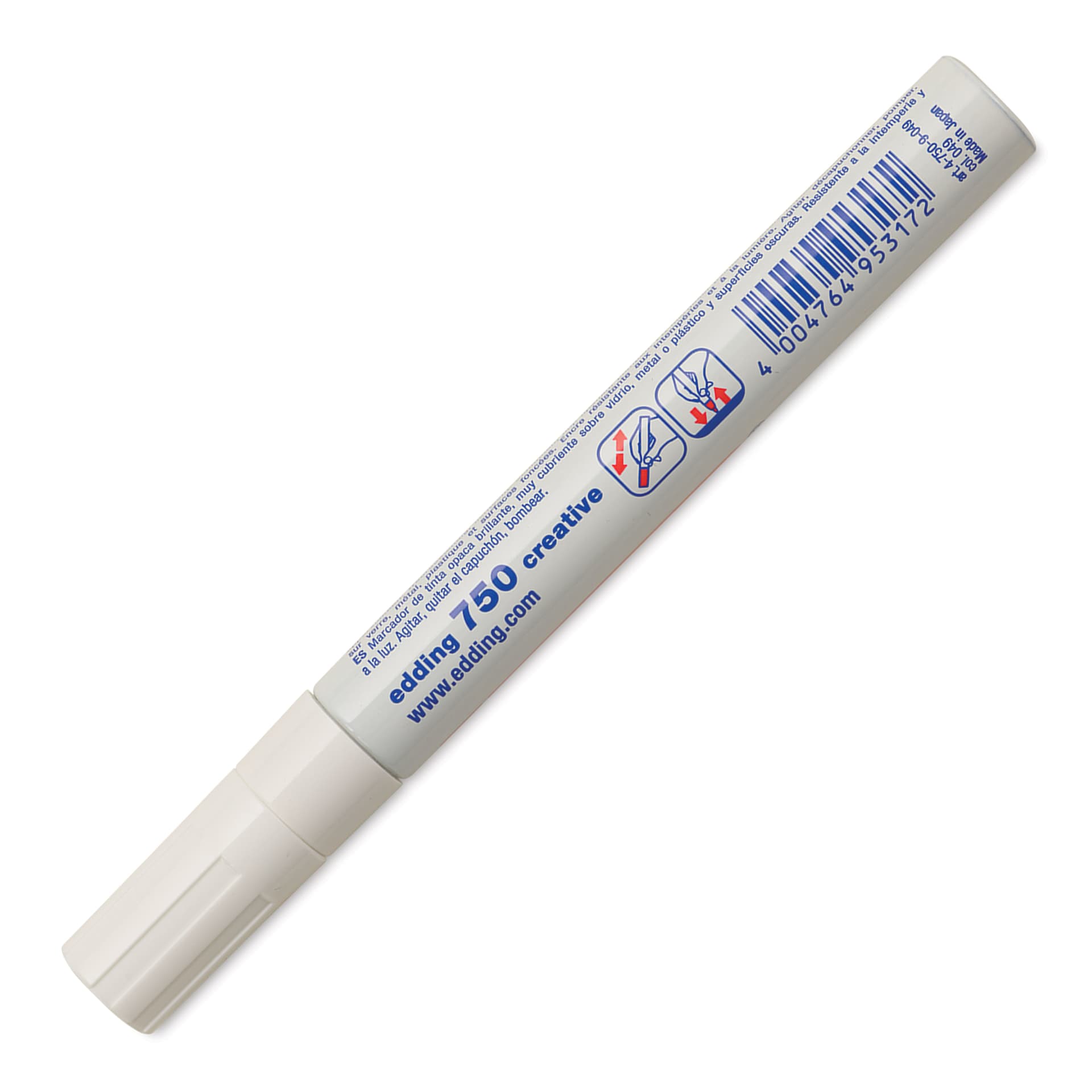 Edding Gloss Paint Marker - White, Round Nib, 2-4 mm, marker barrel showing usage instructions