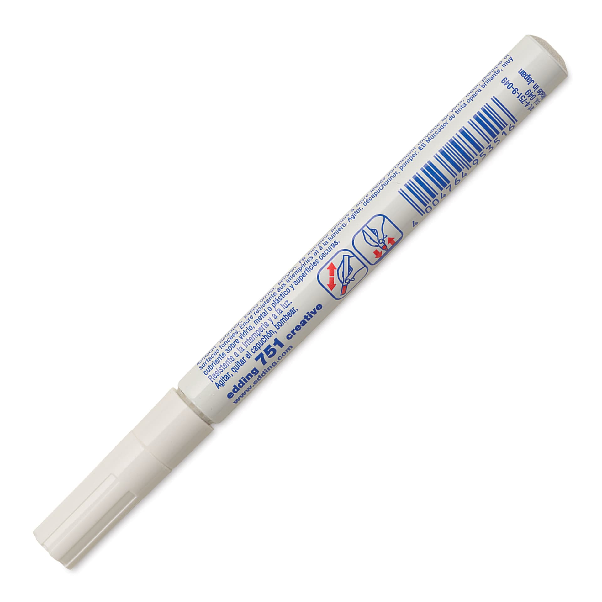Edding Gloss Paint Marker - White, Round Nib, 1-2 mm, marker barrel showing usage instructions