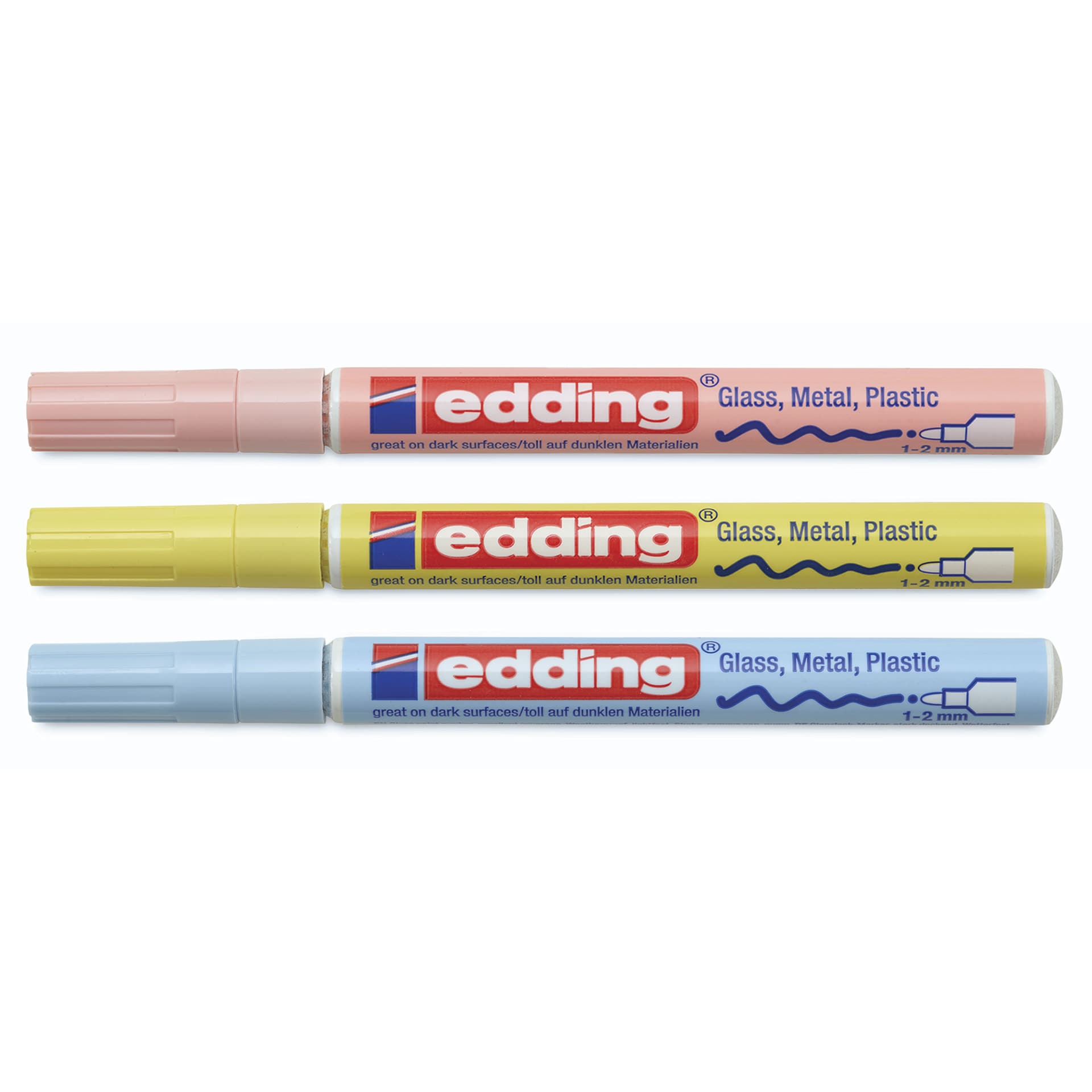 Edding Gloss Paint Markers - Pastel Colors, Set of 3, Round Nib, 1-2 mm, laid out with caps on