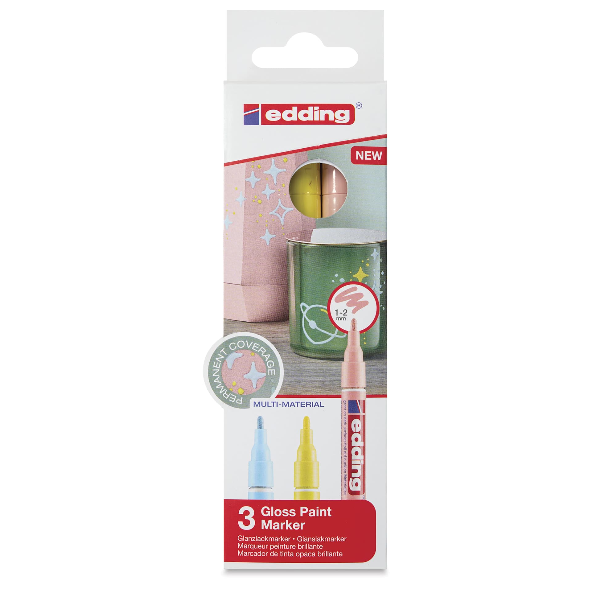 Edding Gloss Paint Markers - Pastel Colors, Set of 3, Round Nib, 1-2 mm, front of the pack