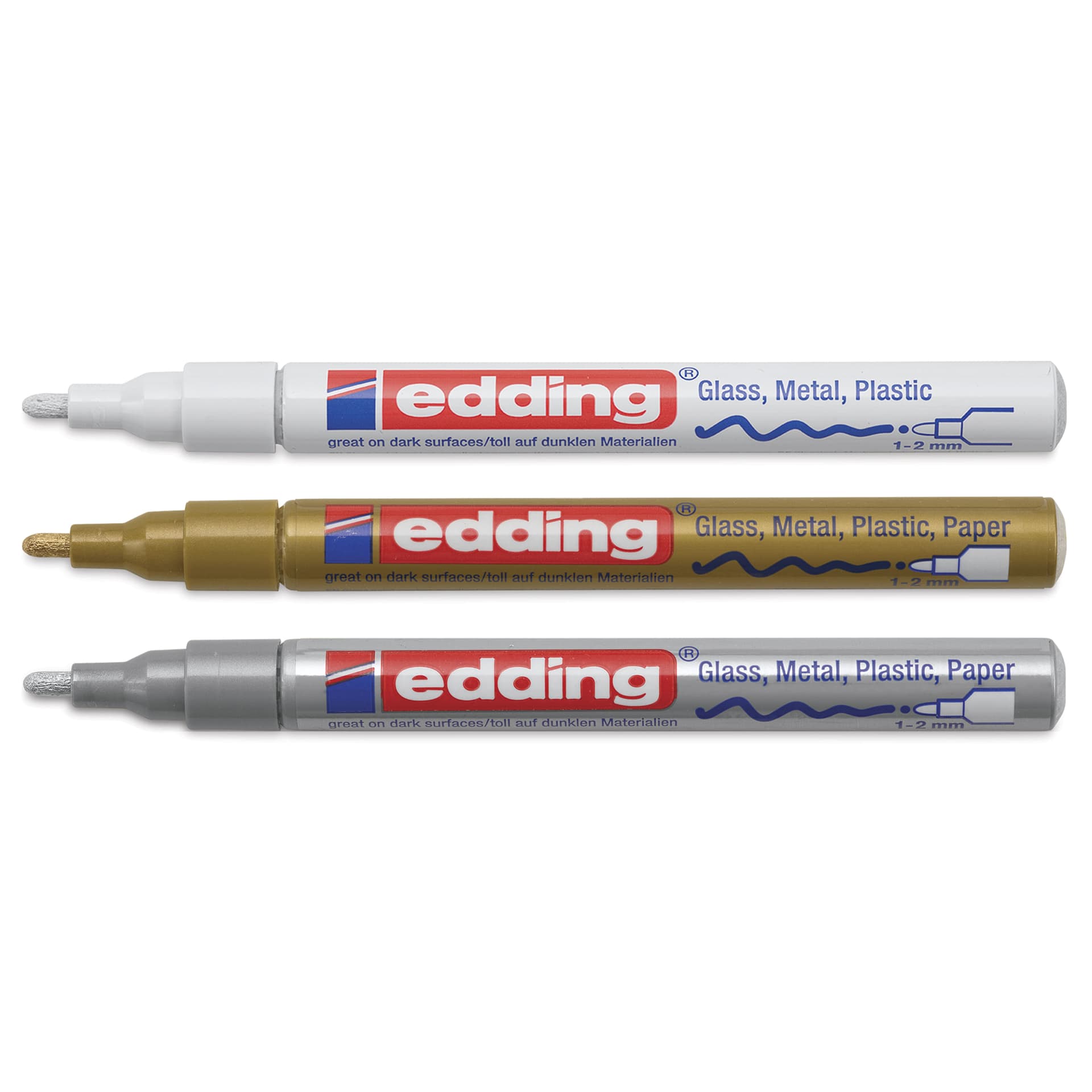 Edding Gloss Paint Markers - Metallic Colors, Set of 3, Round Nib, 1-2 mm, laid out