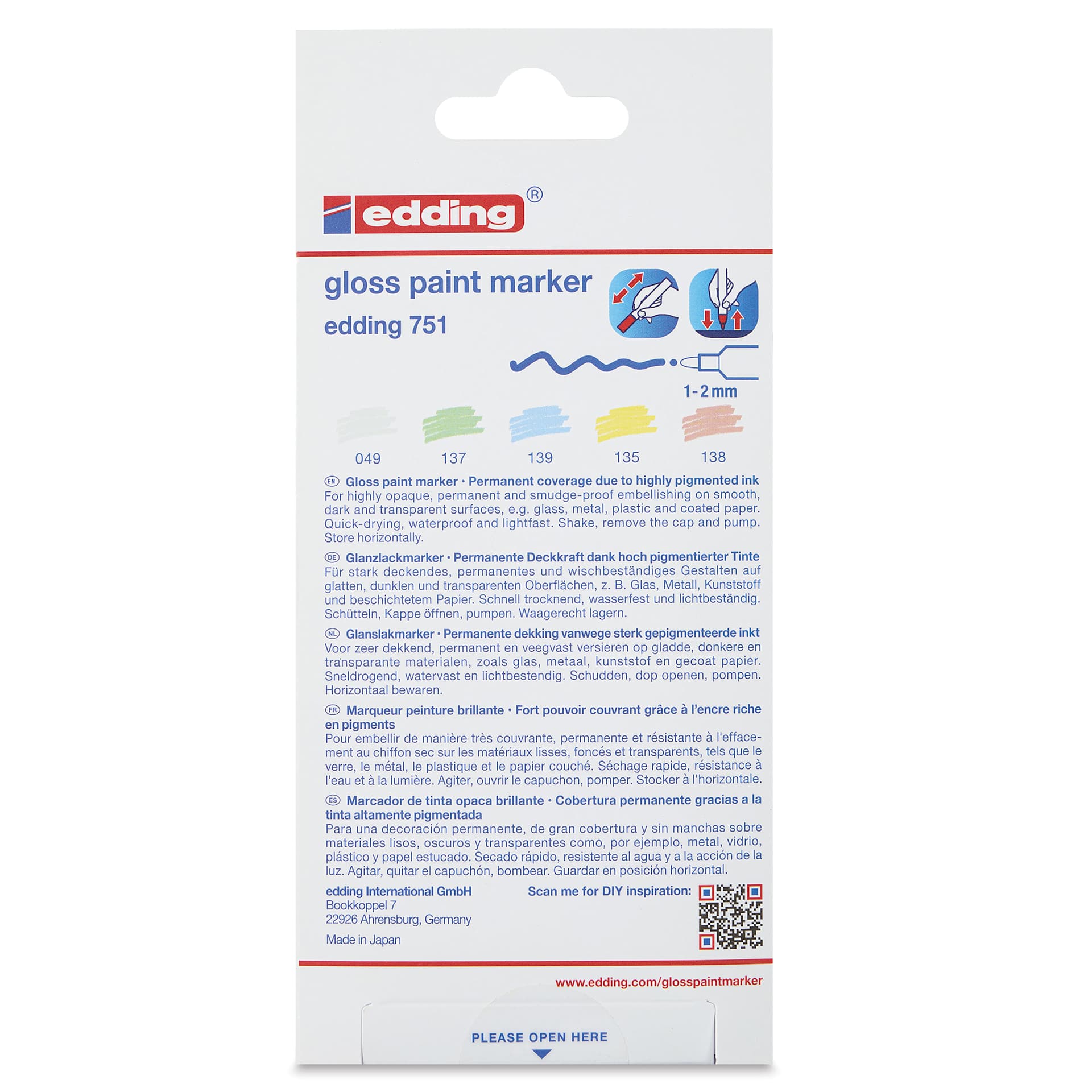 Edding Gloss Paint Markers - Pastel Colors, Set of 5, Round Nib, 1-2 mm, back of the pack