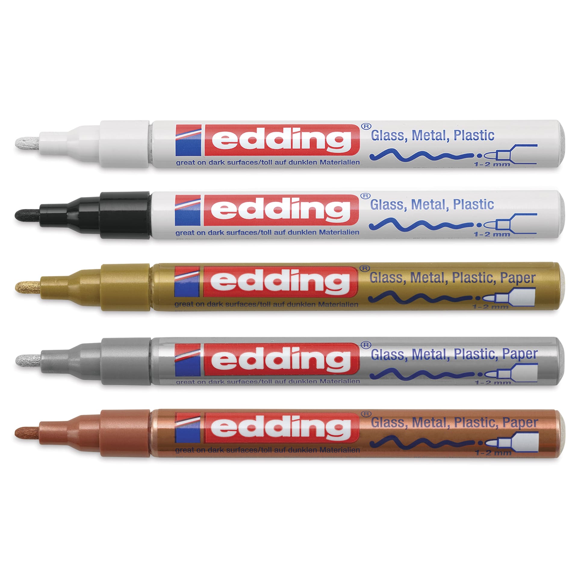 Edding Gloss Paint Markers - Metallic Colors, Set of 5, Round Nib, 1-2 mm,laid out with caps off
