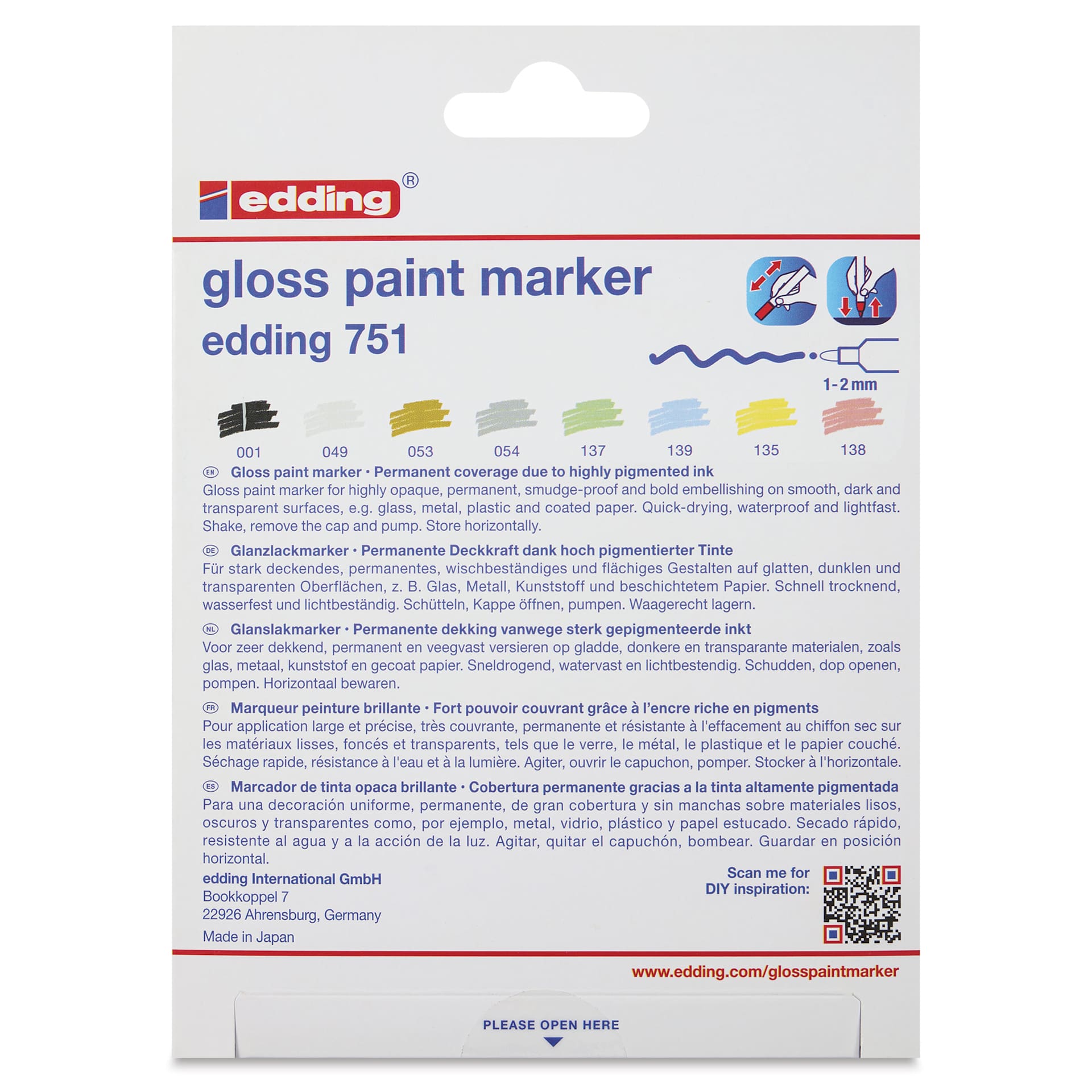 Edding Gloss Paint Markers - Pastel Colors, Set of 8, Round Nib, 1-2 mm, back of the pack