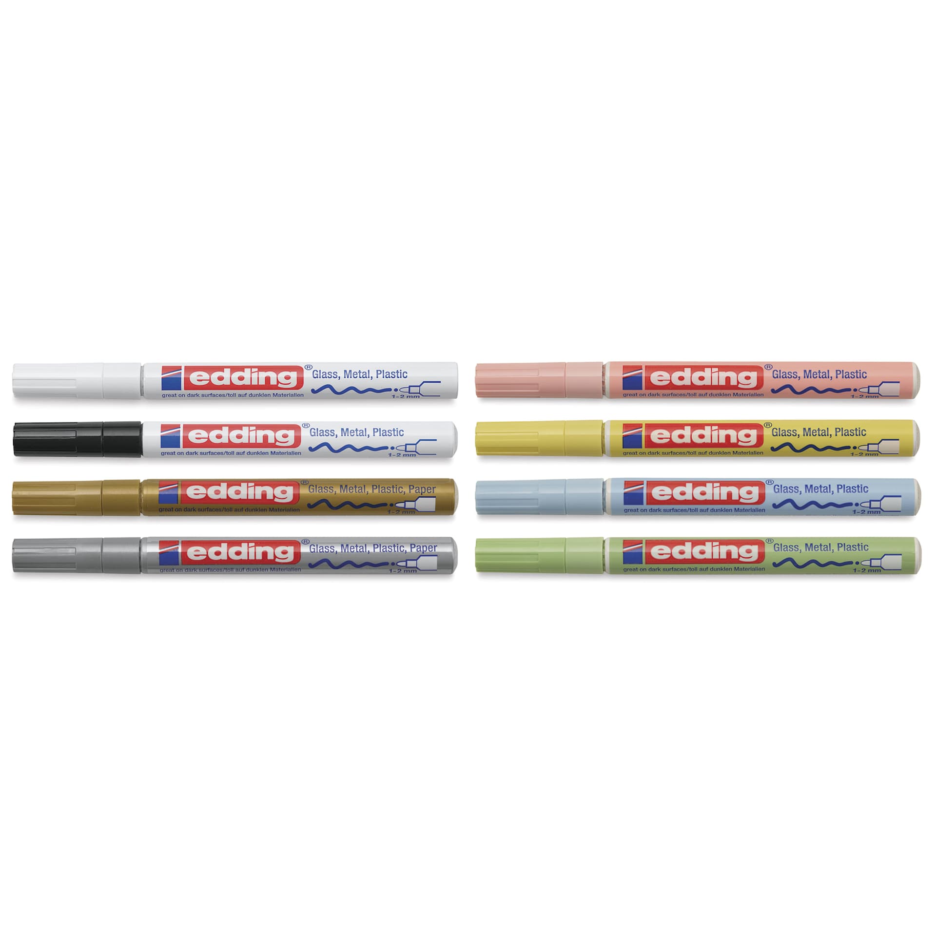 Edding Gloss Paint Markers - Pastel Colors, Set of 8, Round Nib, 1-2 mm, laid out with caps on