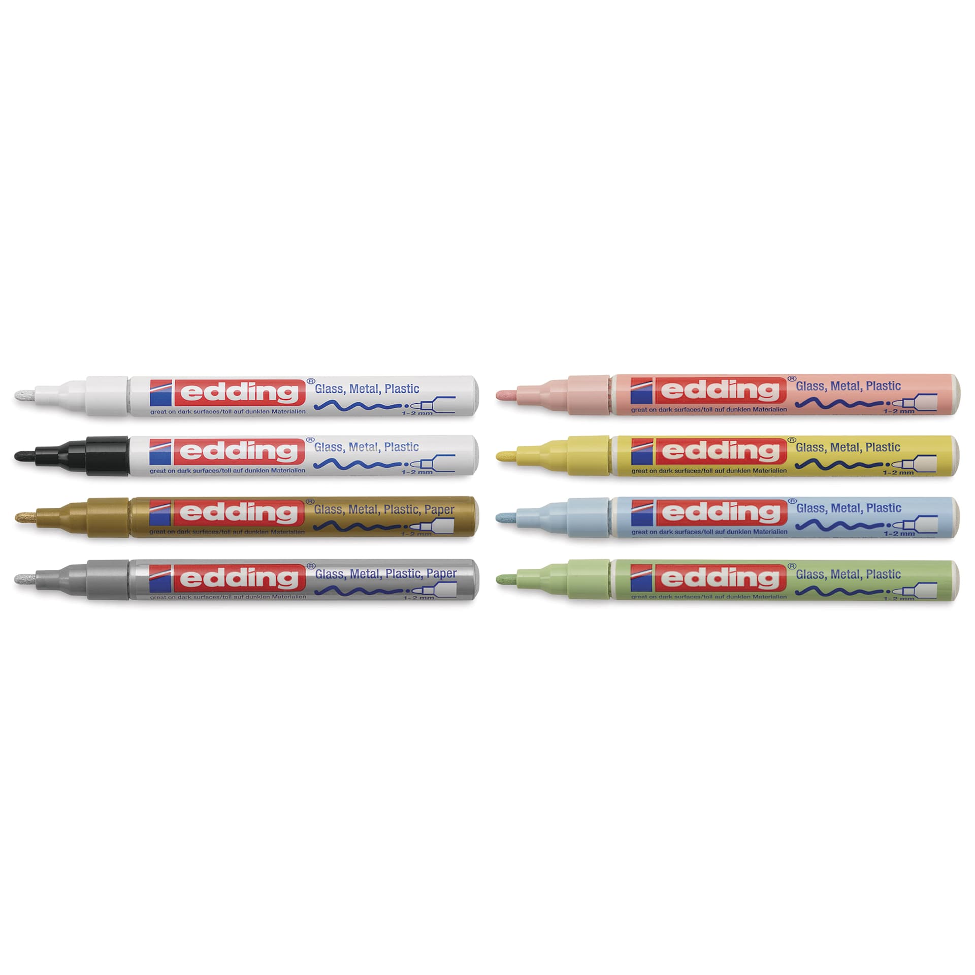 Edding Gloss Paint Markers - Pastel Colors, Set of 8, Round Nib, 1-2 mm, laid out with caps off