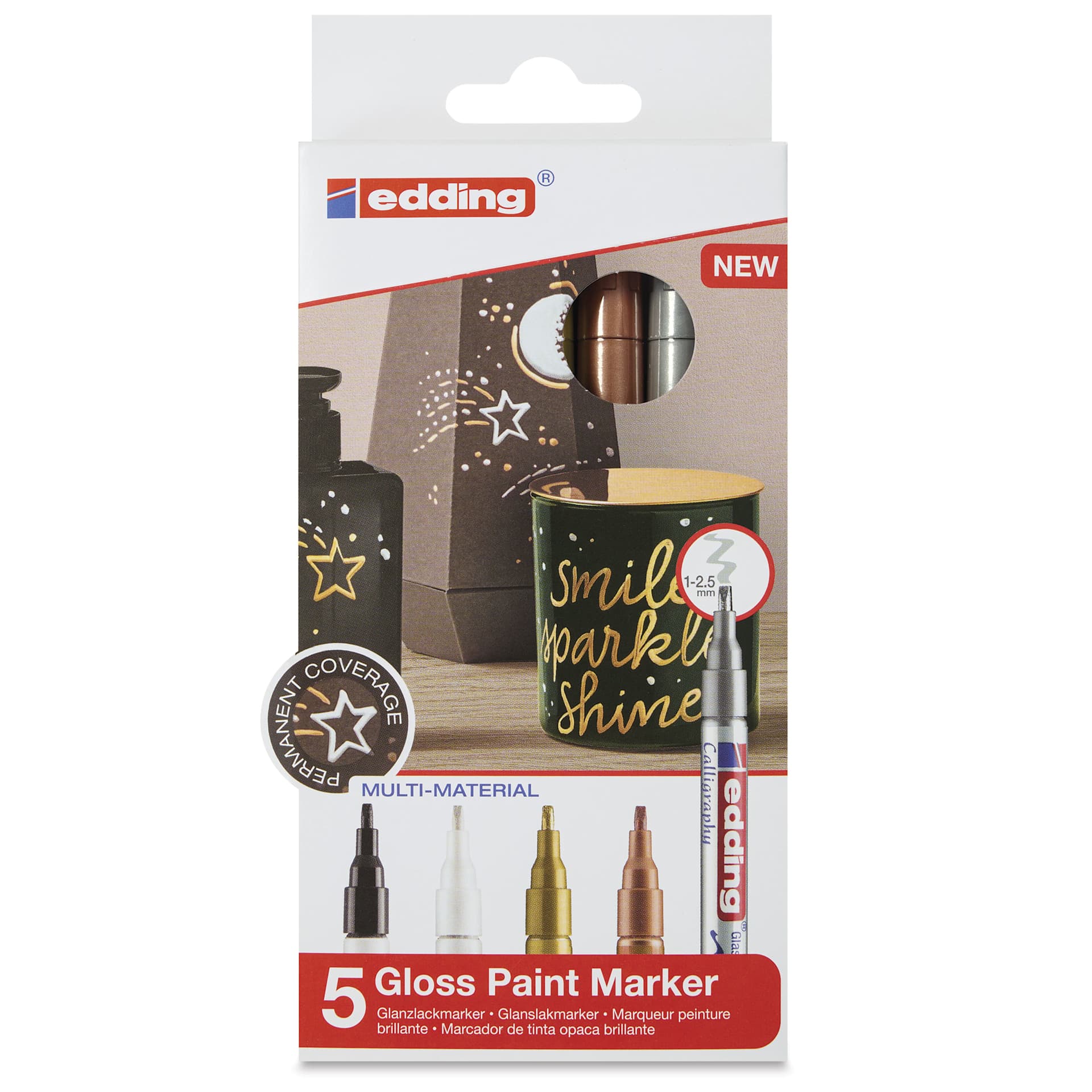 Edding Gloss Paint Markers - Metallic Colors, Set of 5, Calligraphy Nib, 1-5 mm, front of the packaging