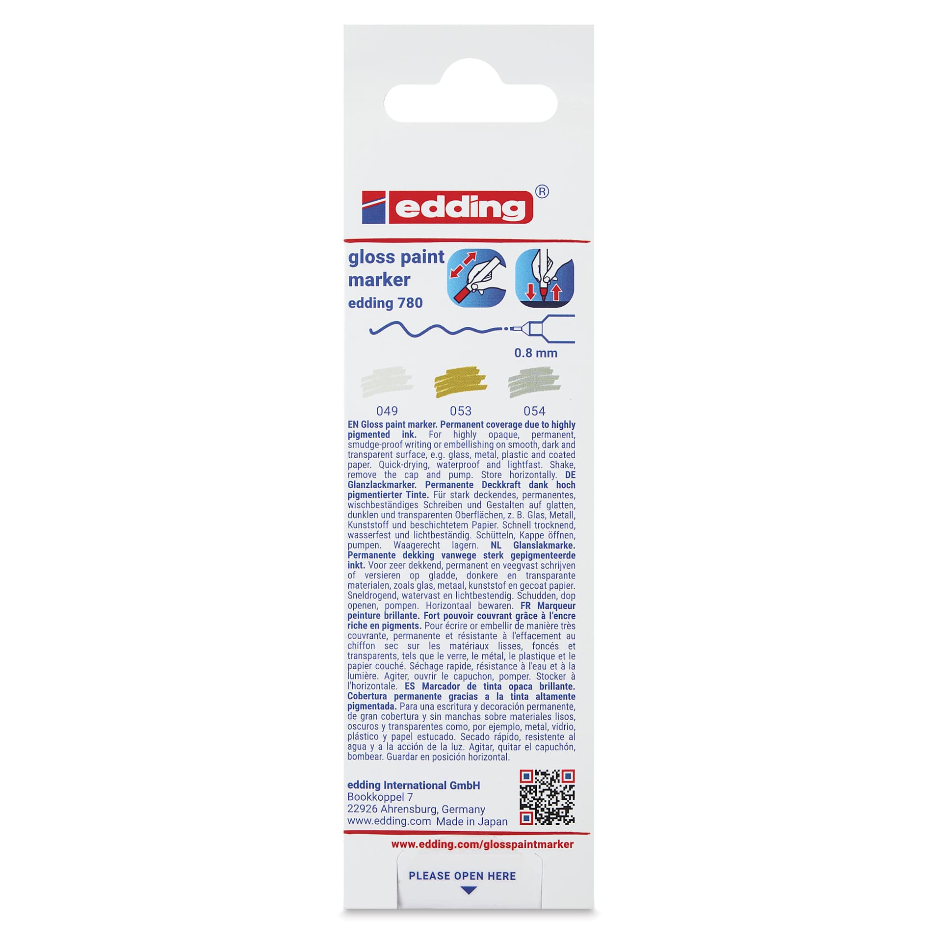 Edding Gloss Paint Markers - Metallic Colors, Set of 3, Round Nib, 0.8 mm, back of the pack