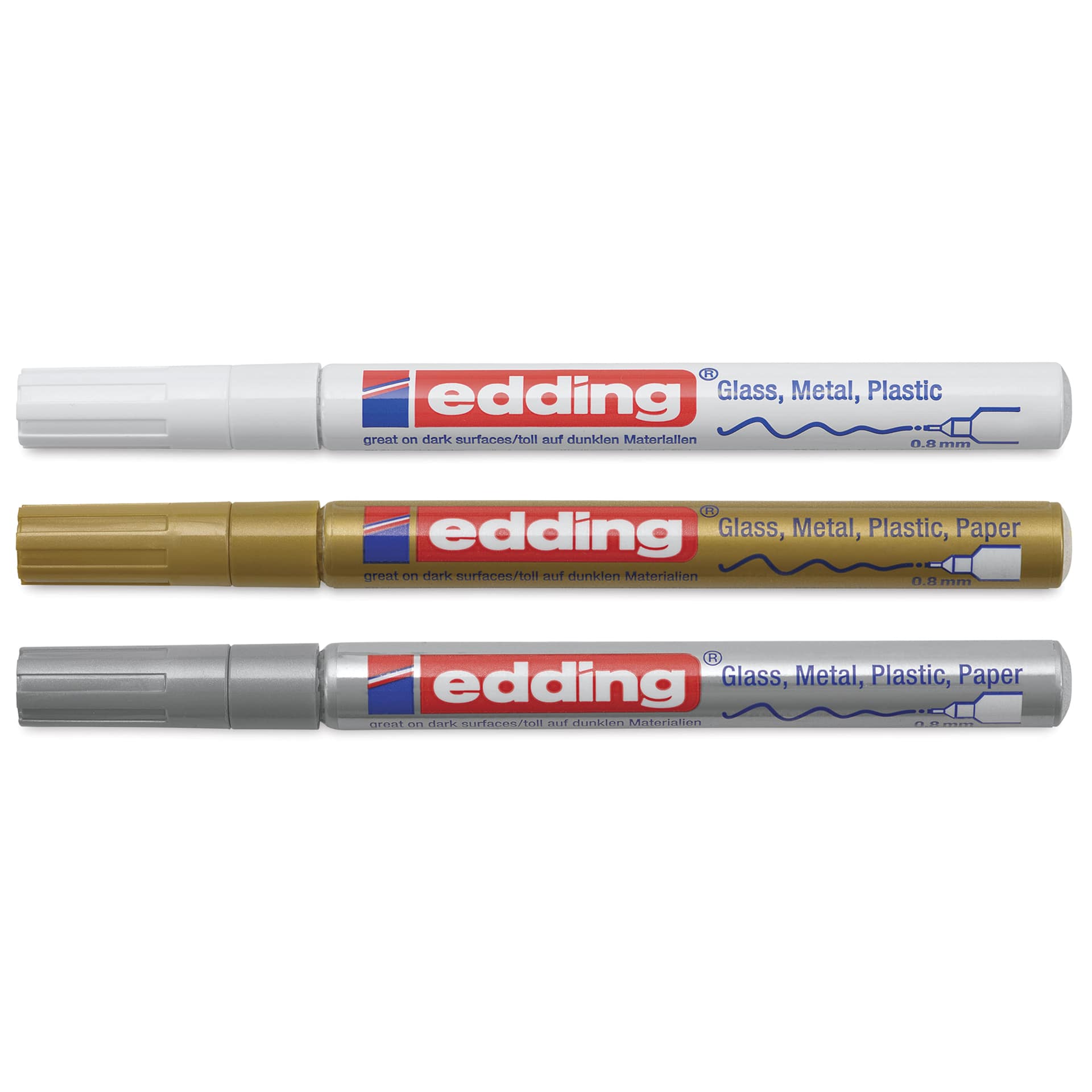 Edding Gloss Paint Markers - Metallic Colors, Set of 3, Round Nib, 0.8 mm, laid out with caps on