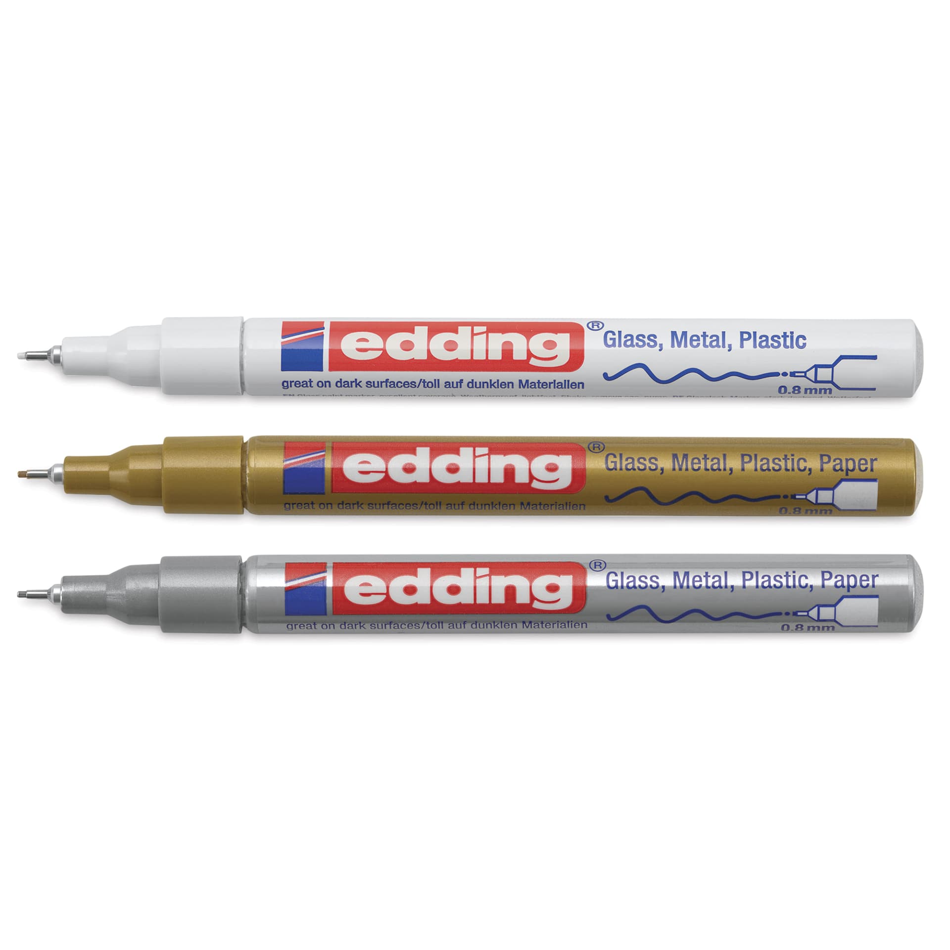 Edding Gloss Paint Markers - Metallic Colors, Set of 3, Round Nib, 0.8 mm, laid out with caps off