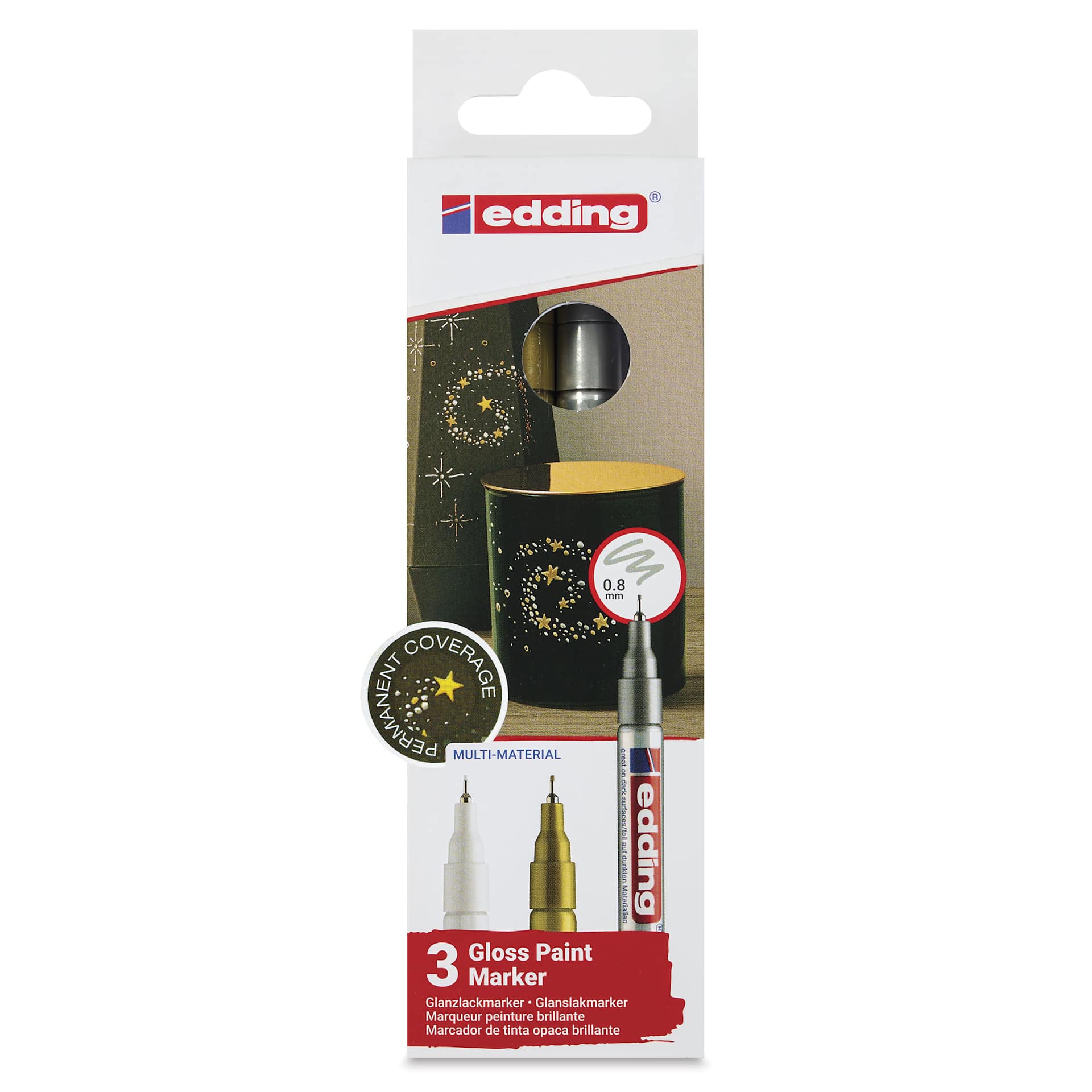 Edding Gloss Paint Markers - Metallic Colors, Set of 3, Round Nib, 0.8 mm, front of the pack