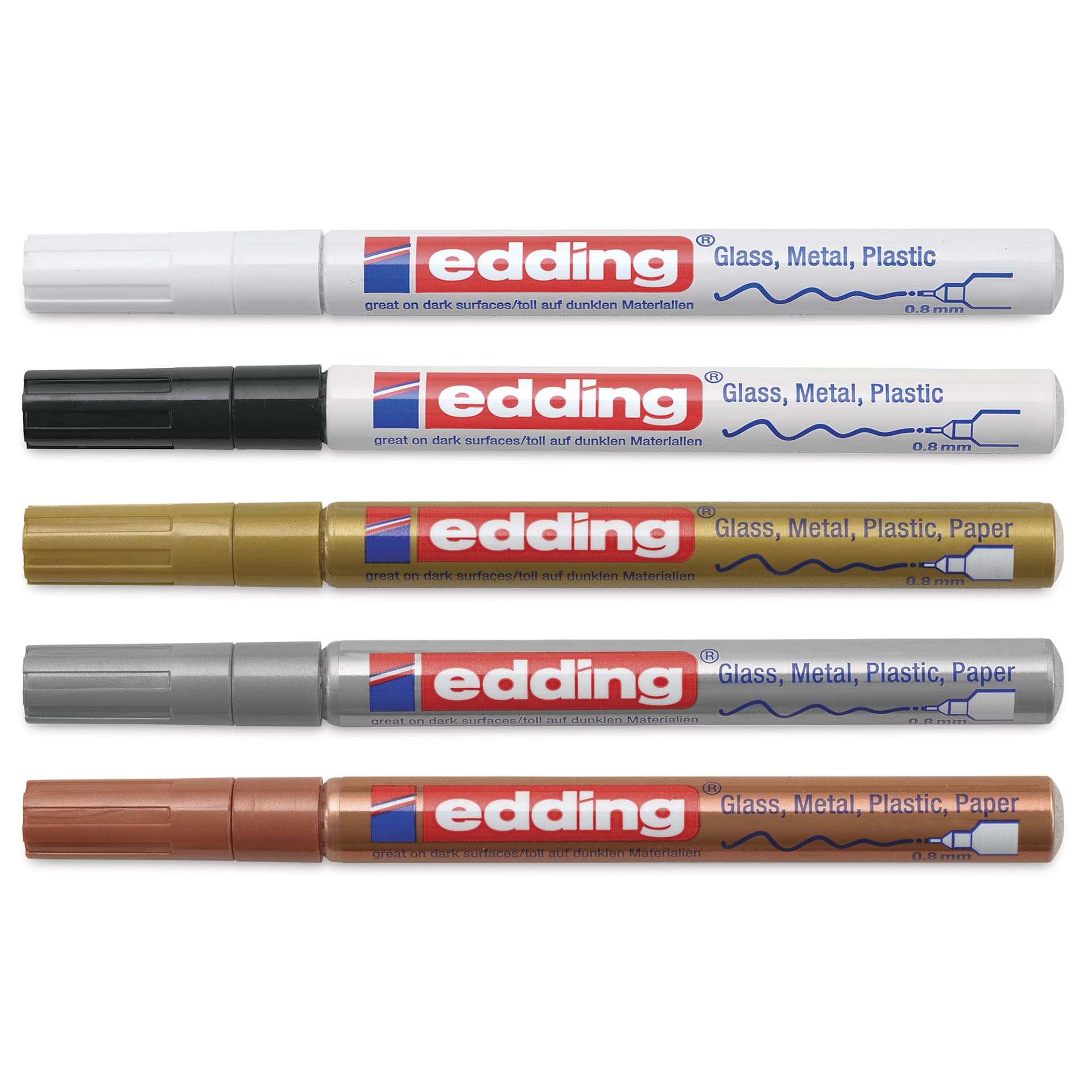 Edding Gloss Paint Markers - Metallic Colors, Set of 5, Round Nib, 0.8 mm, laid out with caps on