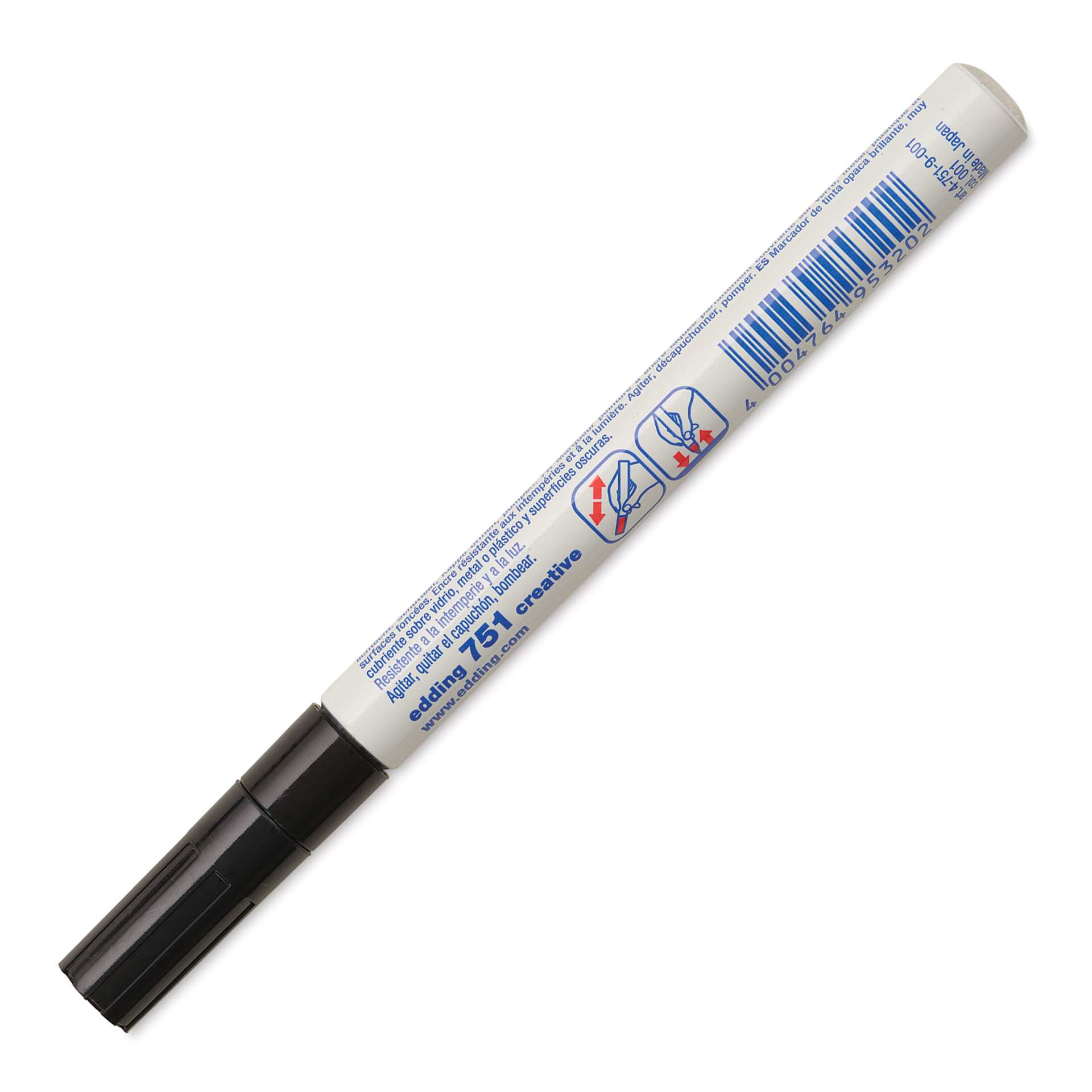 Edding Gloss Paint Marker - Black, Round Nib, 1-2 mm, marker barrel showing usage instructions