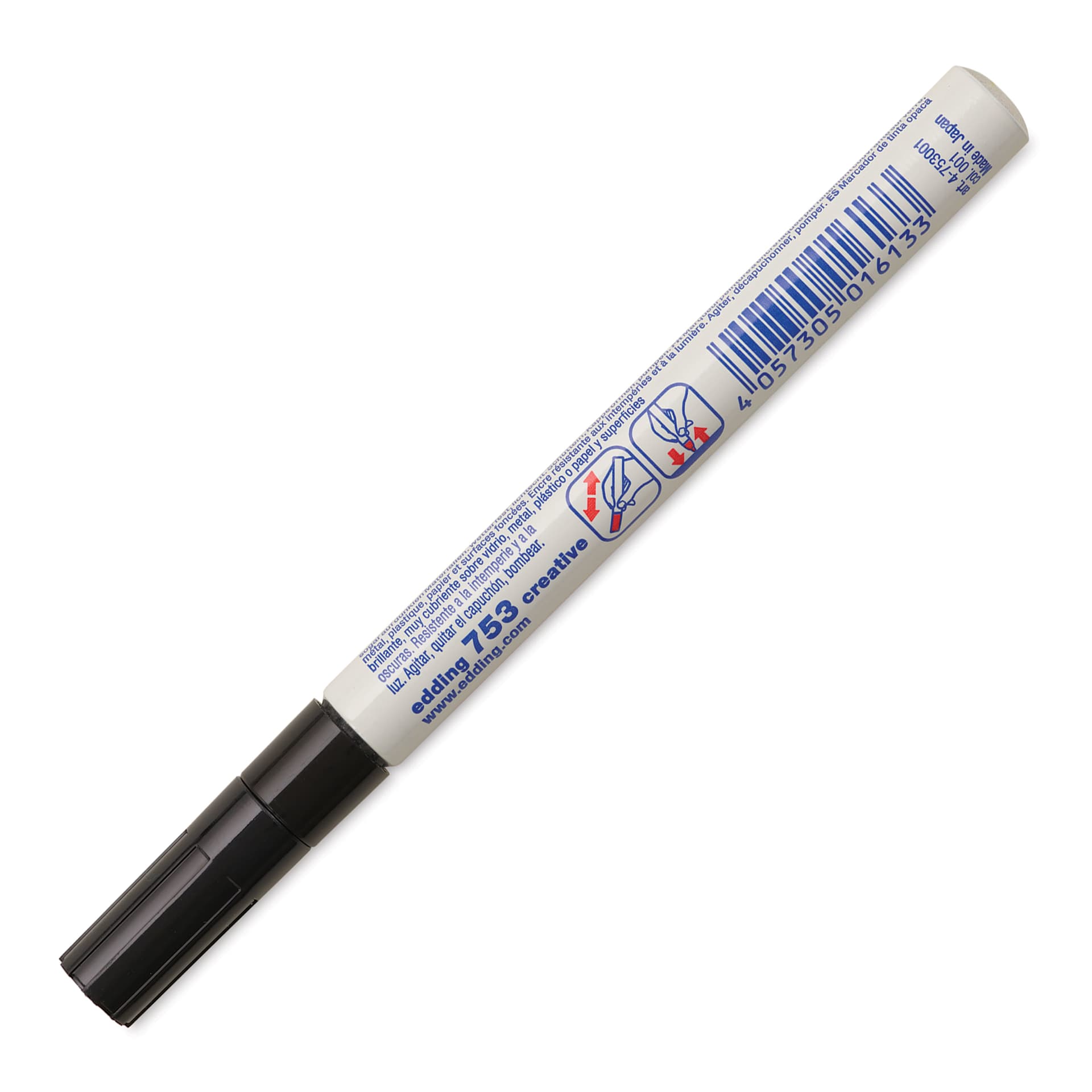 Edding Gloss Paint Marker - Black, Calligraphy Nib, 1-5 mm, marker barrel showing usage instructions