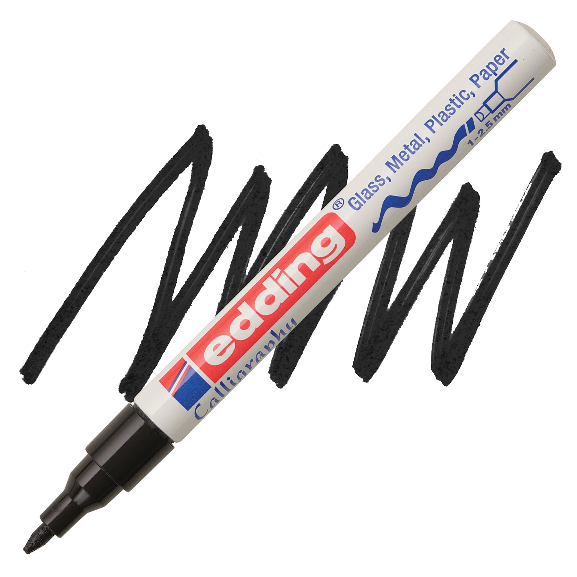 Edding Gloss Paint Marker - Black, Calligraphy Nib, 1-5 mm, swatch and marker
