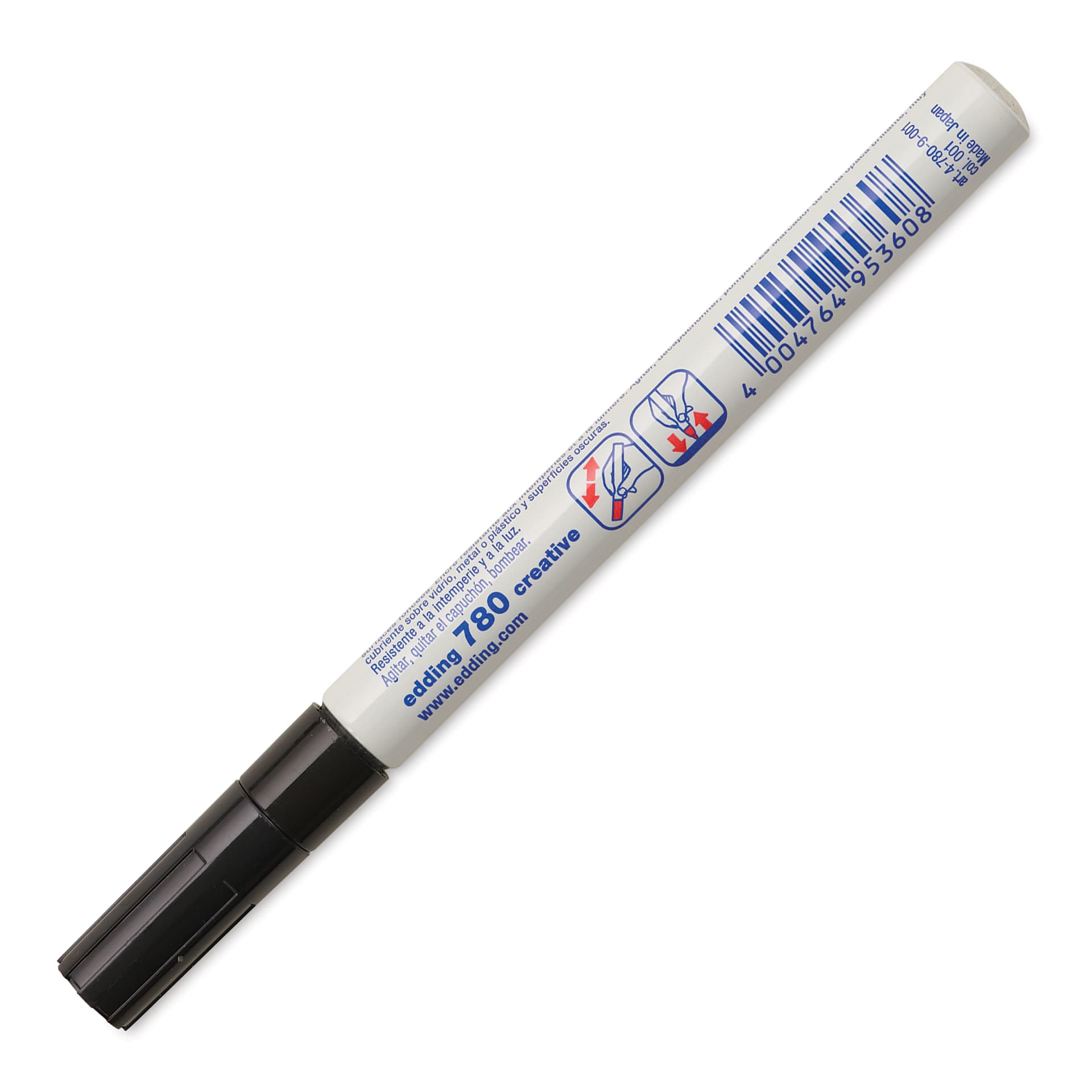 Edding Gloss Paint Marker - Black, Round Nib, 0.8 mm, marker barrel showing use instructions