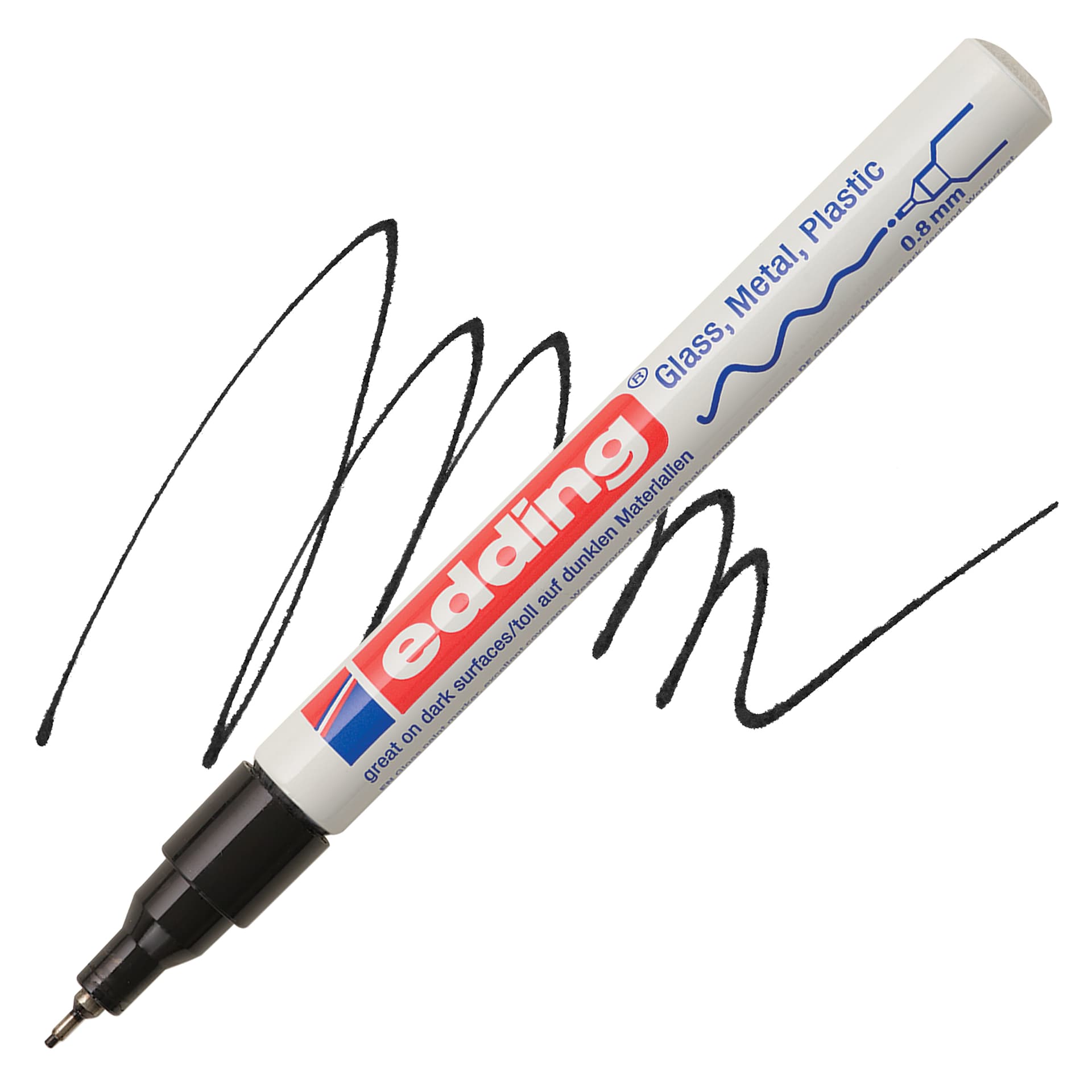 Edding Gloss Paint Marker - Black, Round Nib, 0.8 mm, swatch and marker