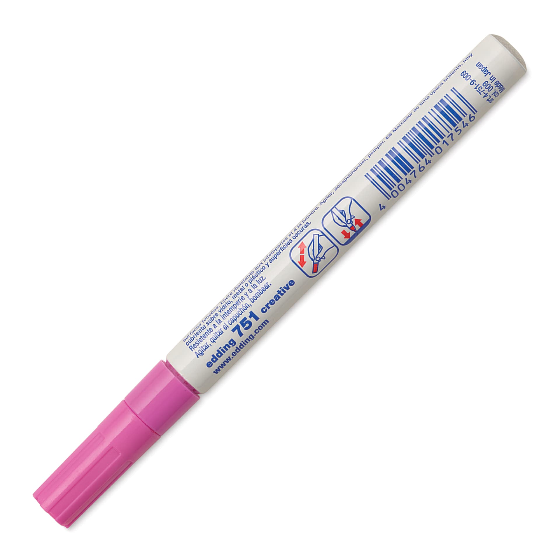 Edding Gloss Paint Marker - Pink, Round Nib, 1-2 mm, marker barrel showing usage instructions