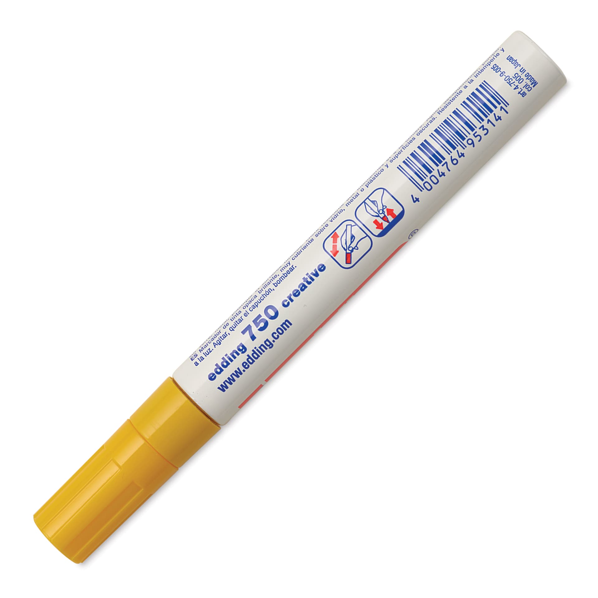 Edding Gloss Paint Marker - Yellow, Round Nib, 2-4 mm, marker barrel showing usage instructions