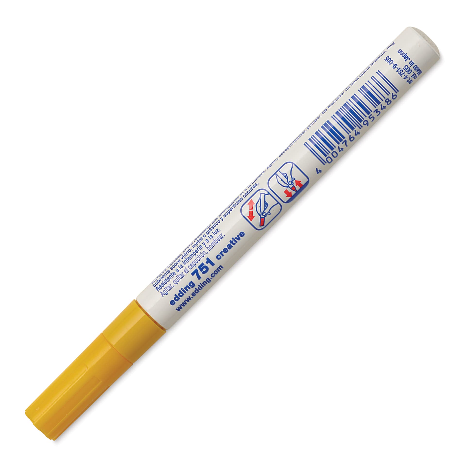 Edding Gloss Paint Marker - Yellow, Round Nib, 1-2 mm, marker barrel showing usage instructions