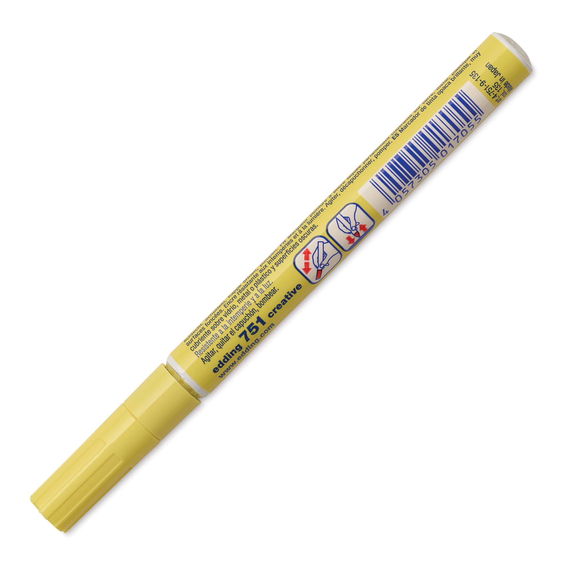 Edding Gloss Paint Marker - Pastel Yellow, Round Nib, 1-2 mm, marker barrel showing usage instructions