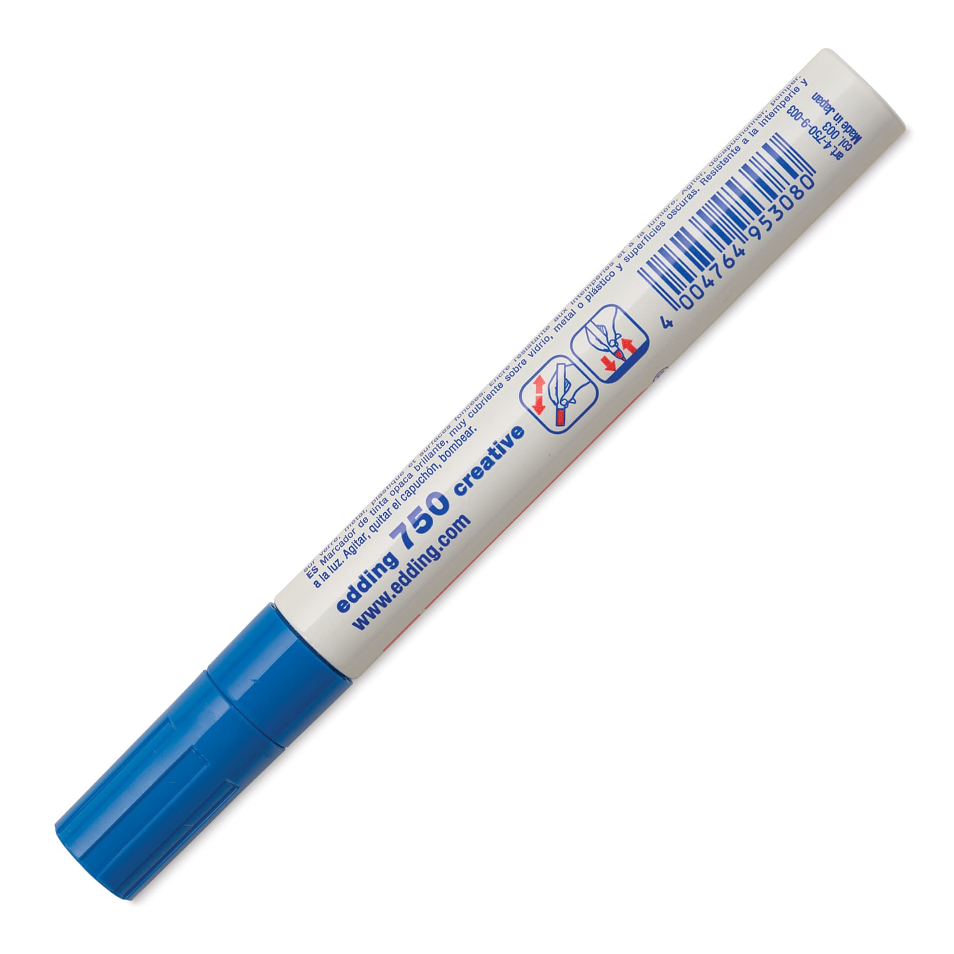Edding Gloss Paint Marker - Blue, Round Nib, 2-4 mm, marker barrel showing usage instructions