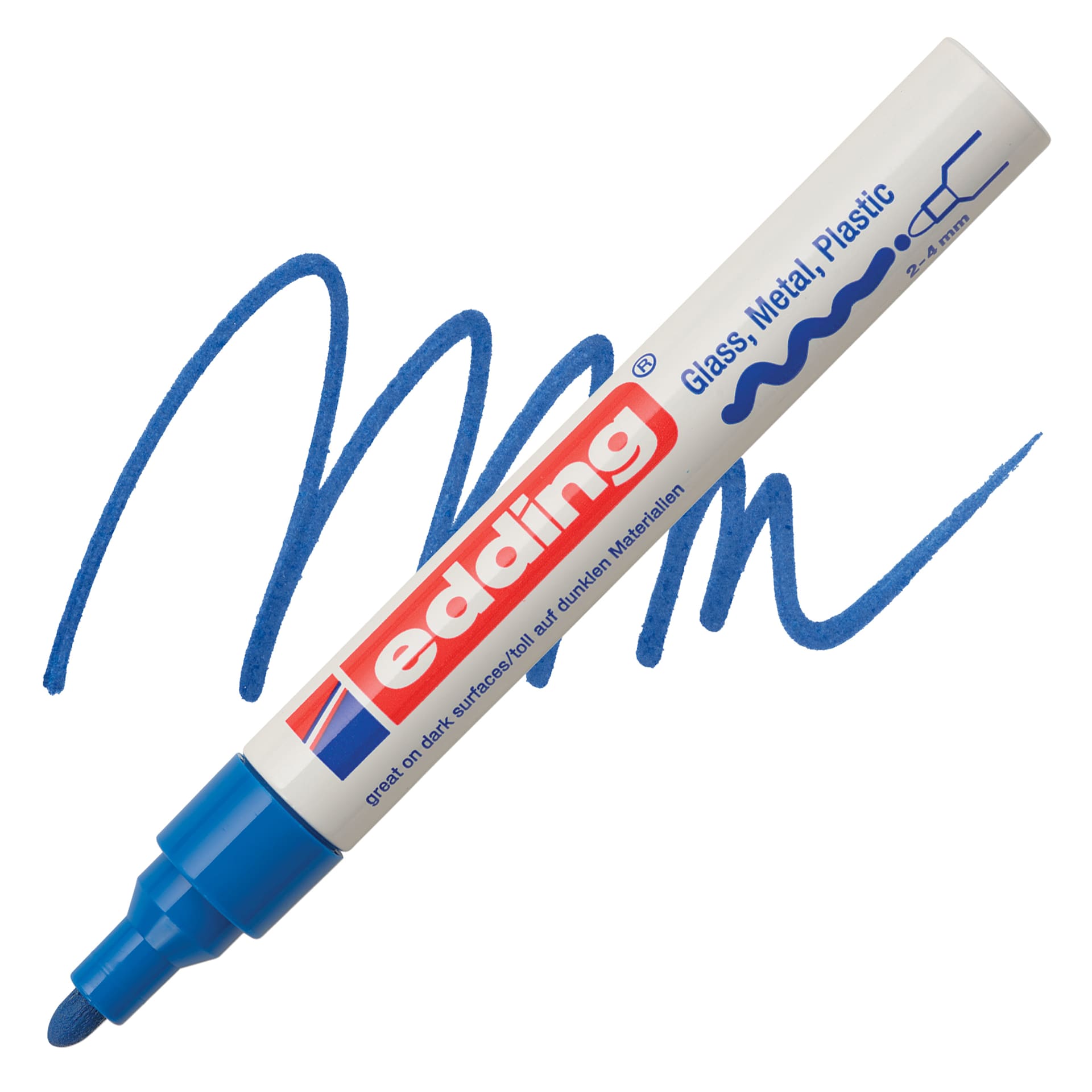 Edding Gloss Paint Marker - Blue, Round Nib, 2-4 mm, swatch and marker