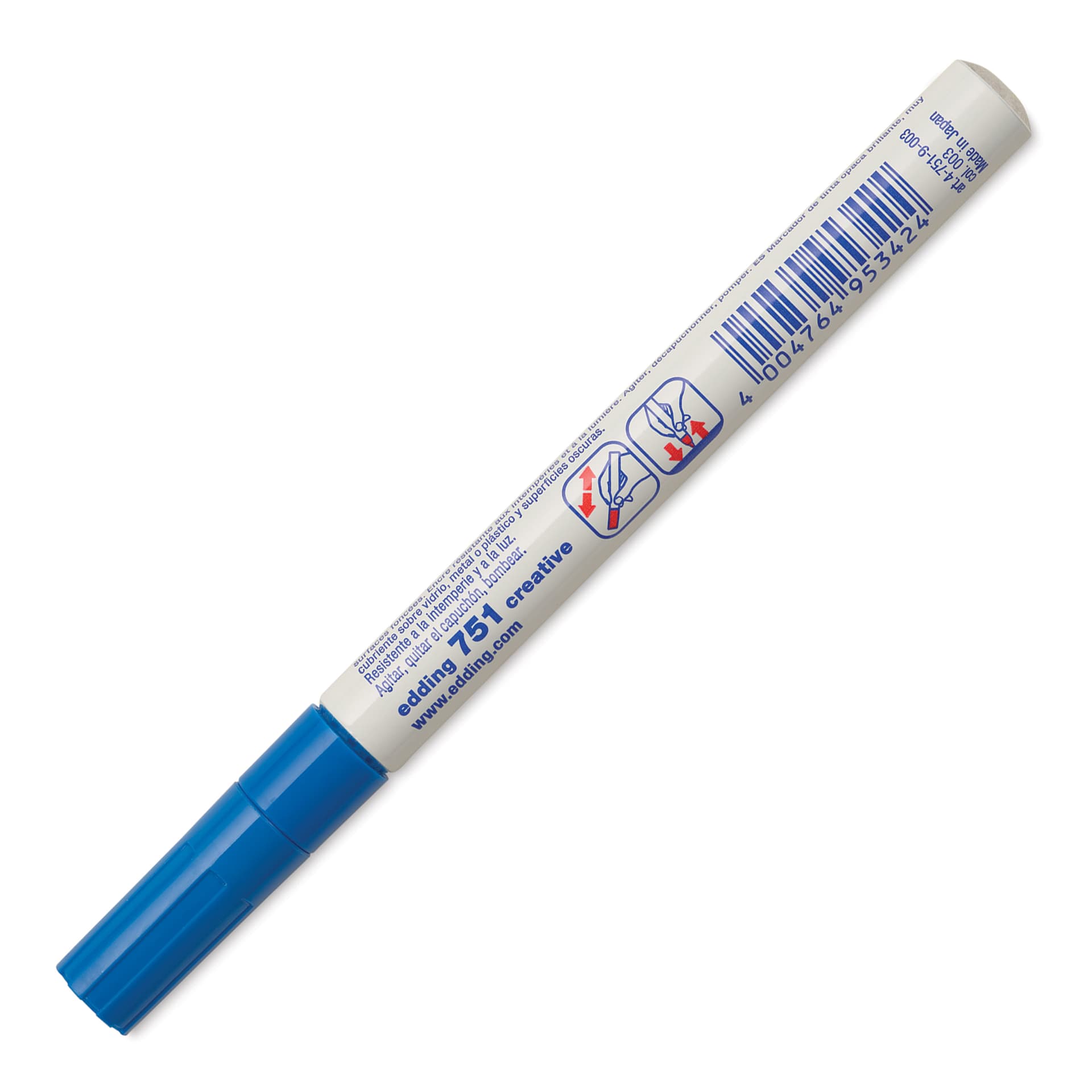 Edding Gloss Paint Marker - Blue, Round Nib, 1-2 mm, marker barrel showing usage instructions