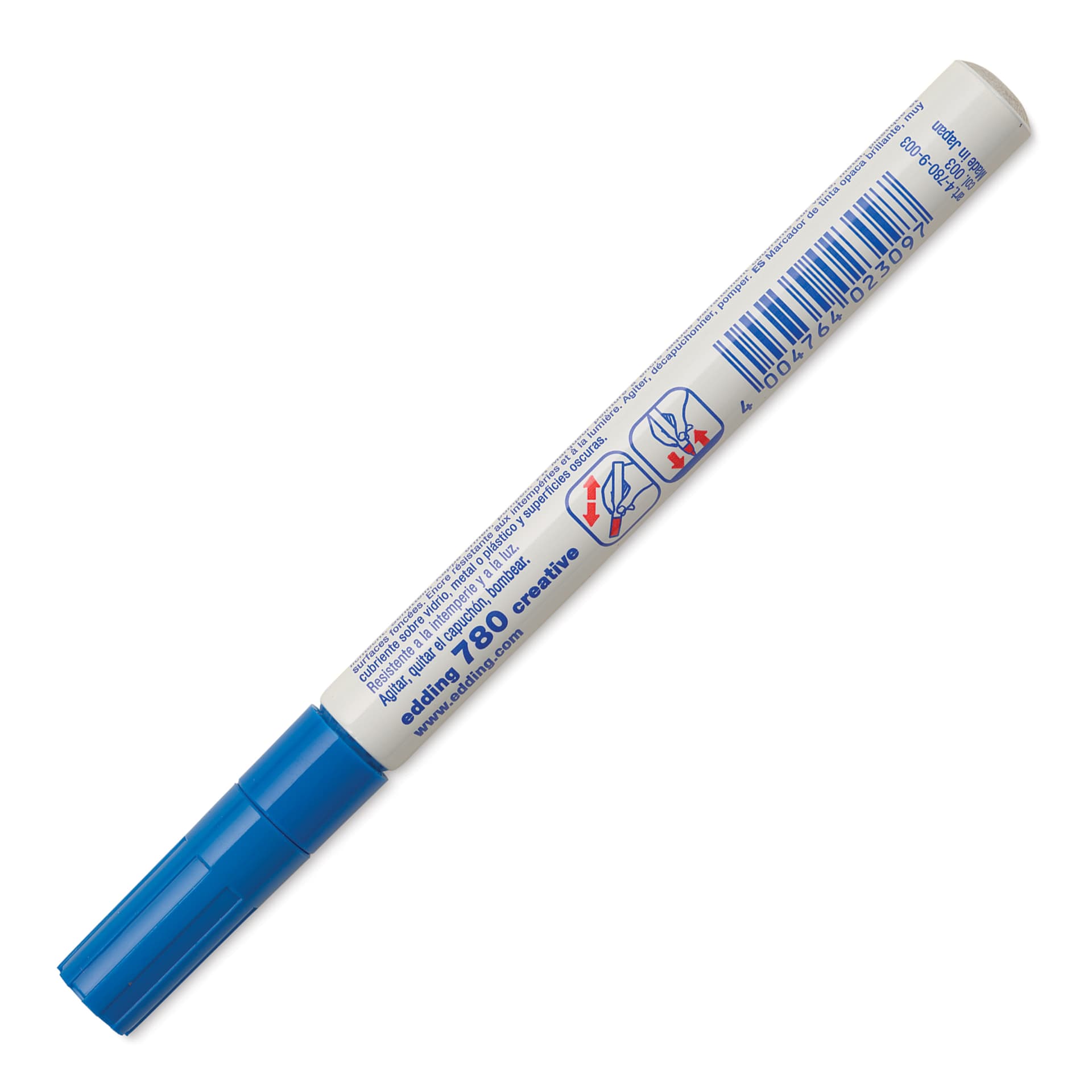 Edding Gloss Paint Marker - Blue, Round Nib, 0.8 mm, marker barrel showing usage instructions