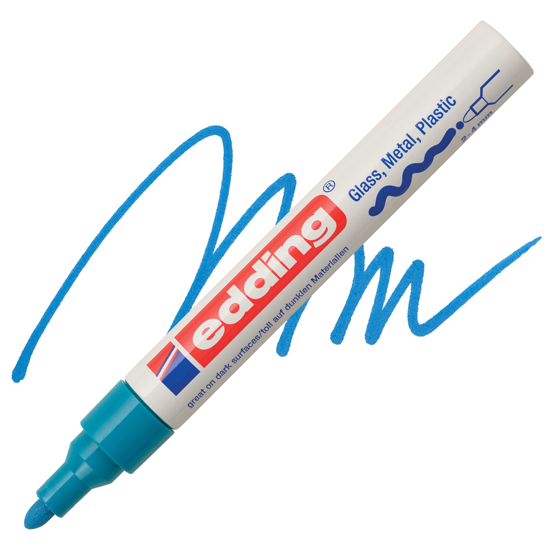 Edding Gloss Paint Marker - Light Blue, Round Nib, 2-4 mm, swatch and marker