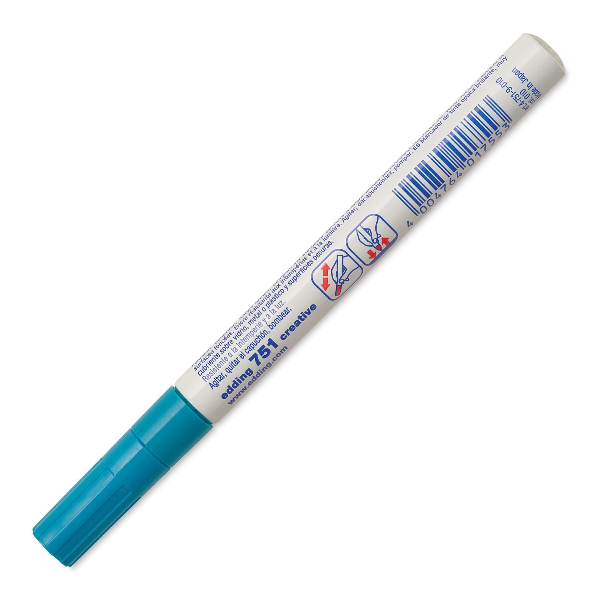 Edding Gloss Paint Marker - Light Blue, Round Nib, 1-2 mm, marker barrel showing usagr instructions