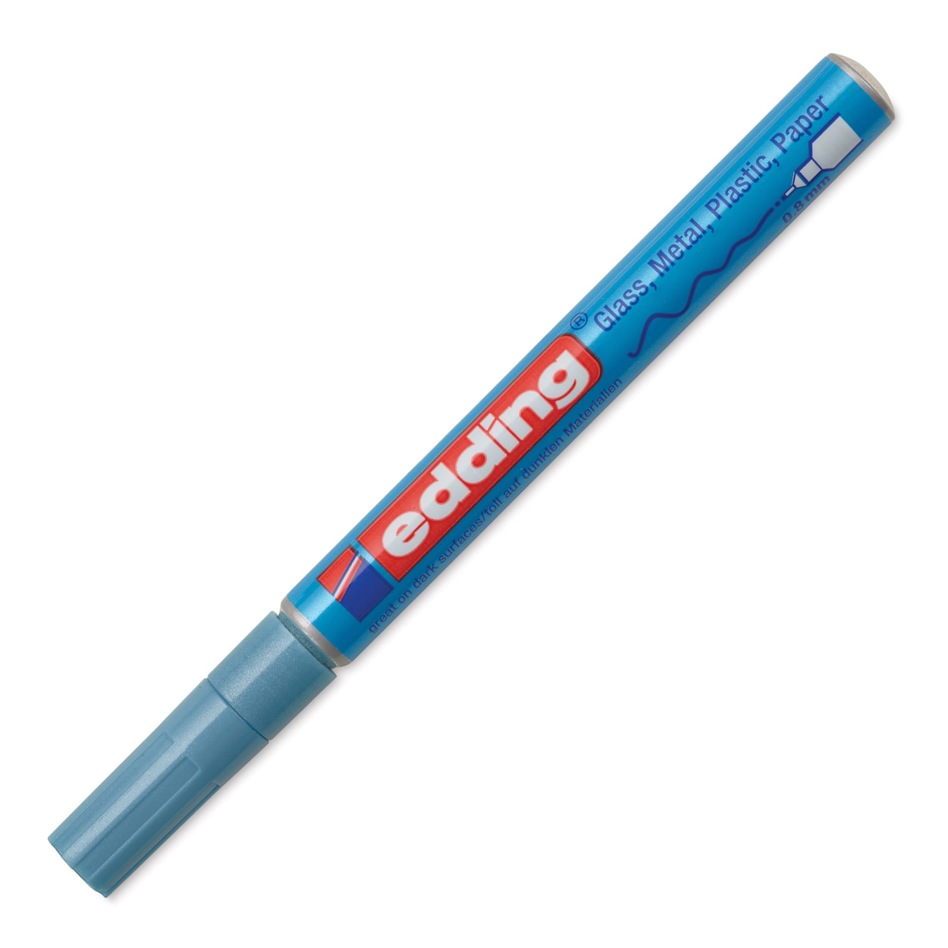 Edding Gloss Paint Marker - Light Blue Metallic, Round Nib, 0.8 mm, cap on