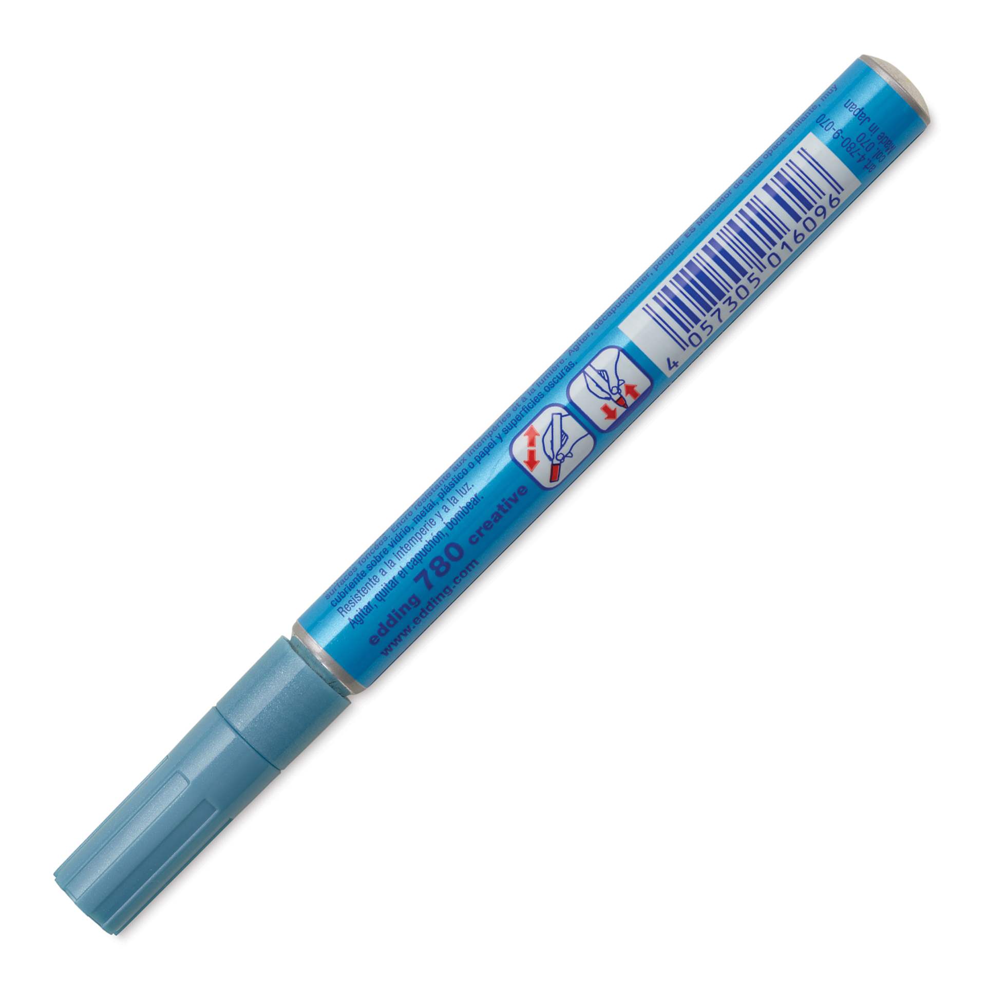 Edding Gloss Paint Marker - Light Blue Metallic, Round Nib, 0.8 mm, barrel showing usage instructions