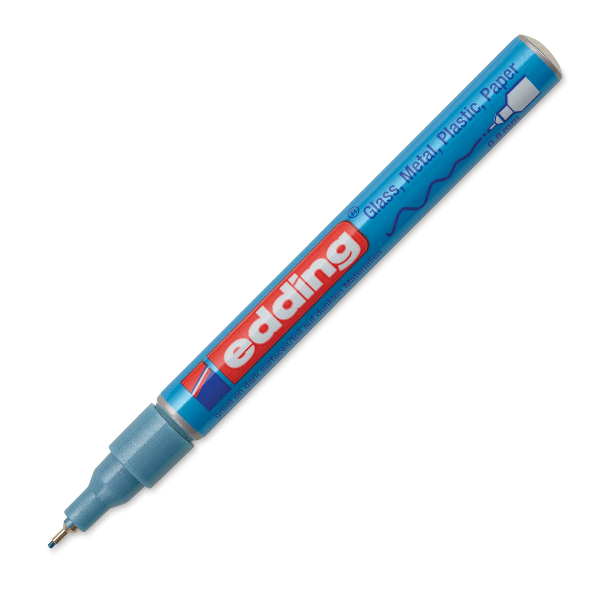 Edding Gloss Paint Marker - Light Blue Metallic, Round Nib, 0.8 mm, cap off