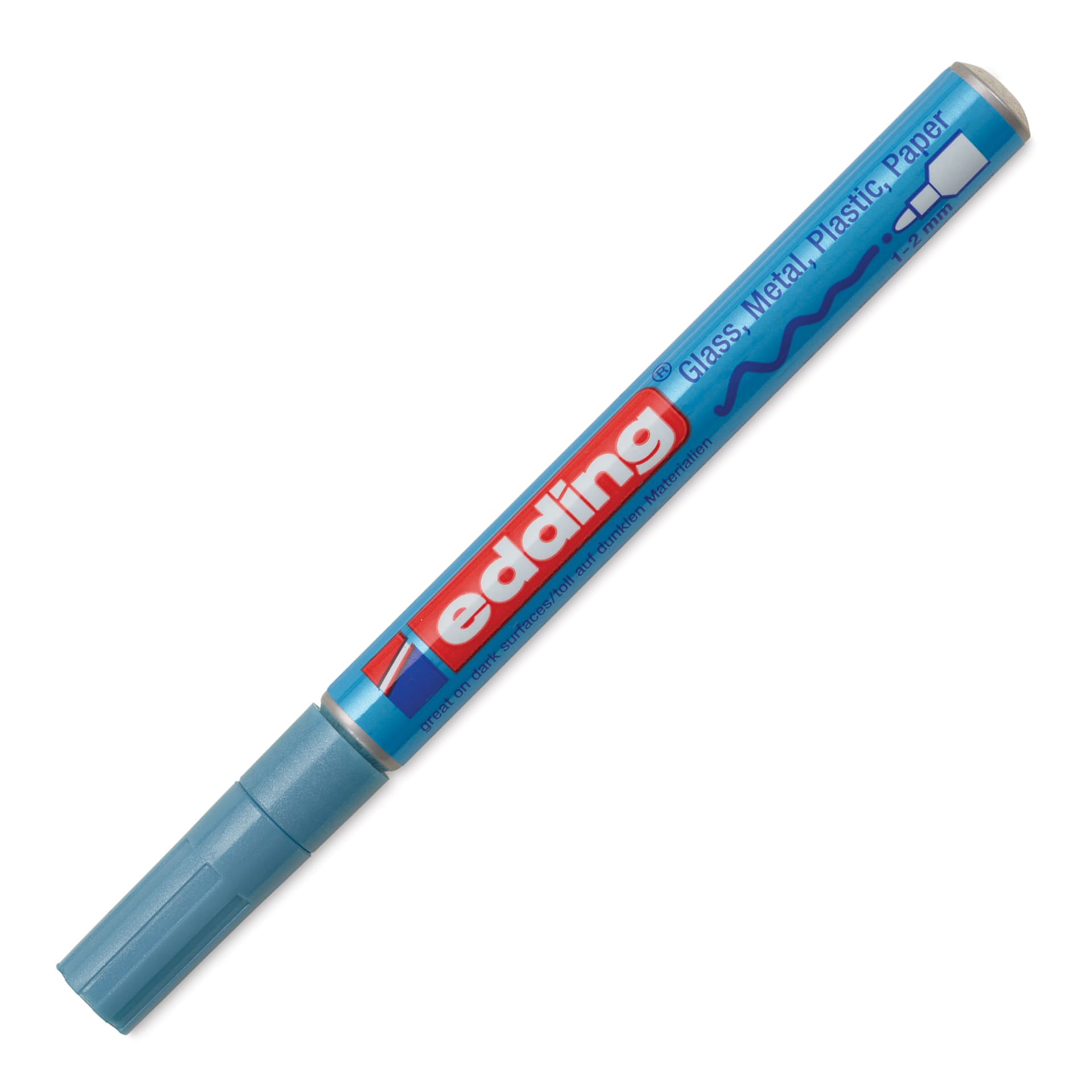 Edding Gloss Paint Marker - Light Blue Metallic, Round Nib, 1-2 mm, cap on