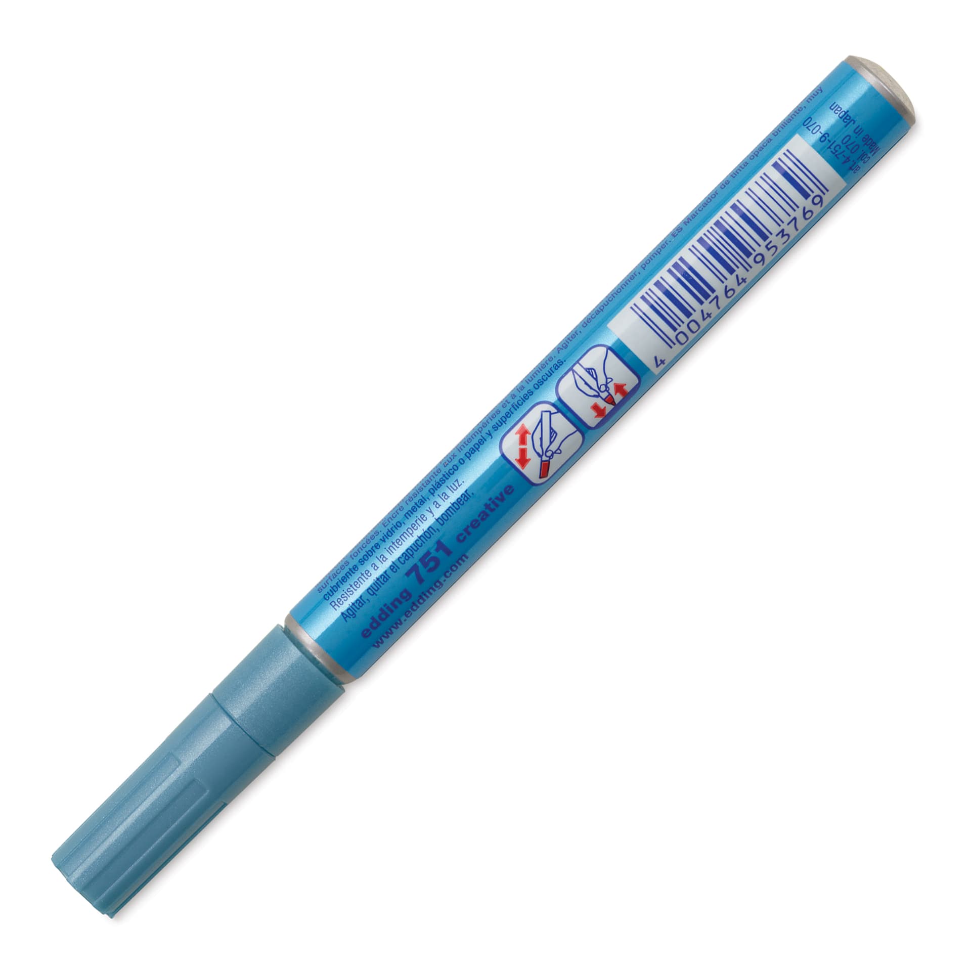 Edding Gloss Paint Marker - Light Blue Metallic, Round Nib, 1-2 mm, barrel showing usage instructions