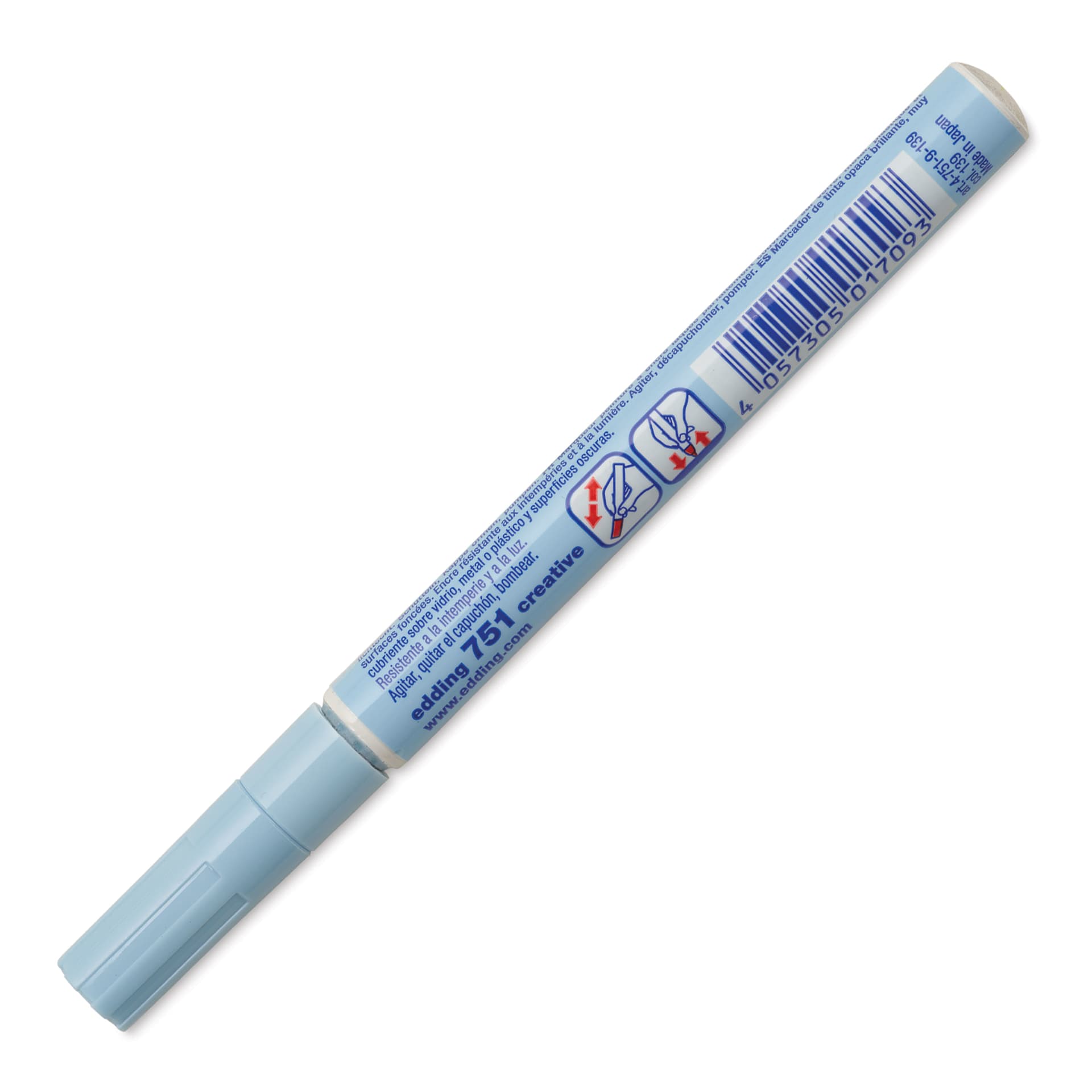 Edding Gloss Paint Marker - Pastel Blue, Round Nib, 1-2 mm, marker barrel showing usage instructions