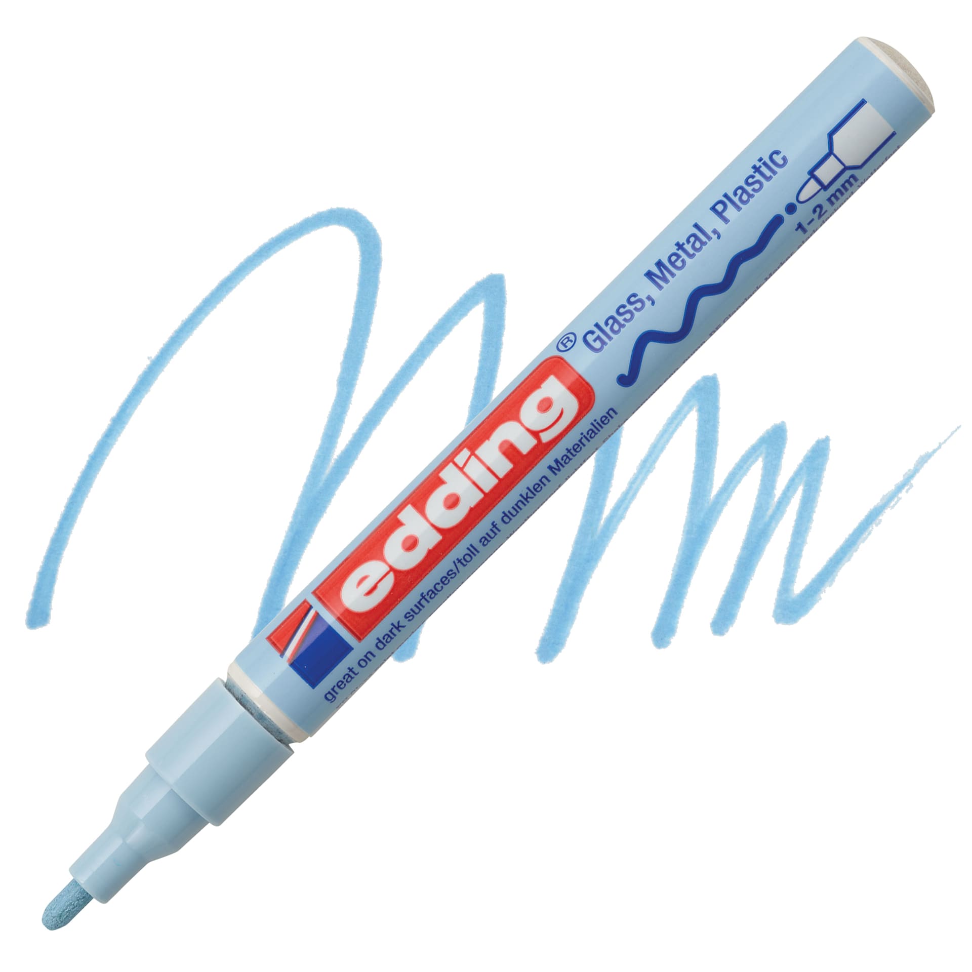 Edding Gloss Paint Marker - Pastel Blue, Round Nib, 1-2 mm, swatch and marker