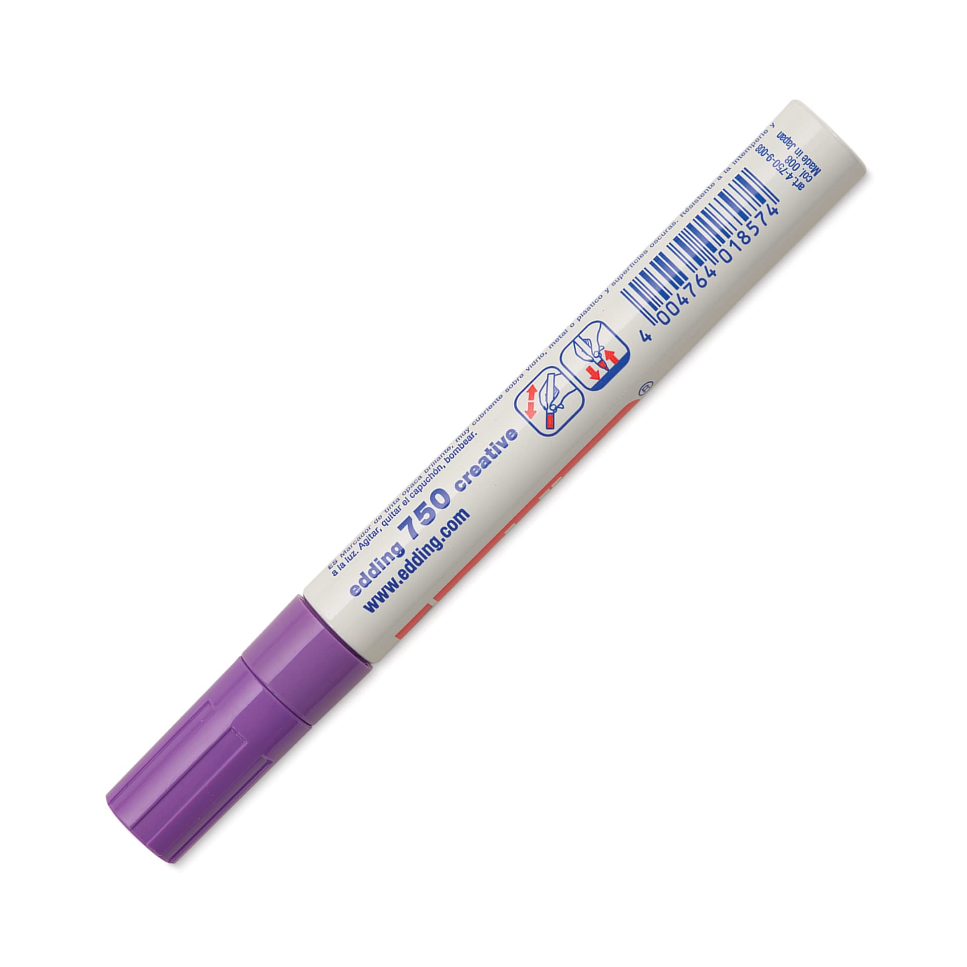 Edding Gloss Paint Marker - Violet, Round Nib, 2-4 mm, marker barrel showing usage instructions