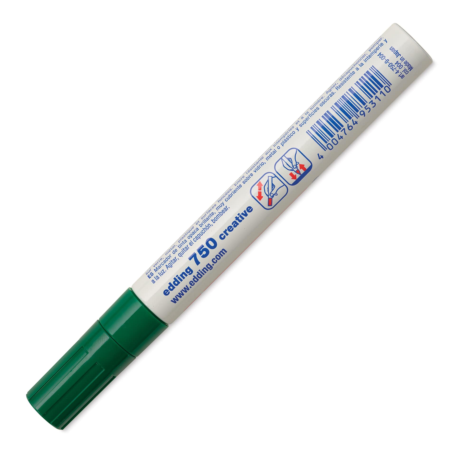 Edding Gloss Paint Marker - Green, Round Nib, 2-4 mm, marker barrel showing usage instructions