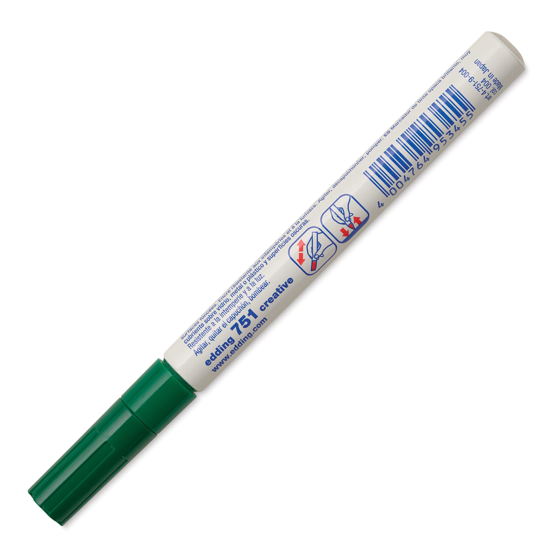 Edding Gloss Paint Marker - Green, Round Nib, 1-2 mm, marker barrel showing usage instructions