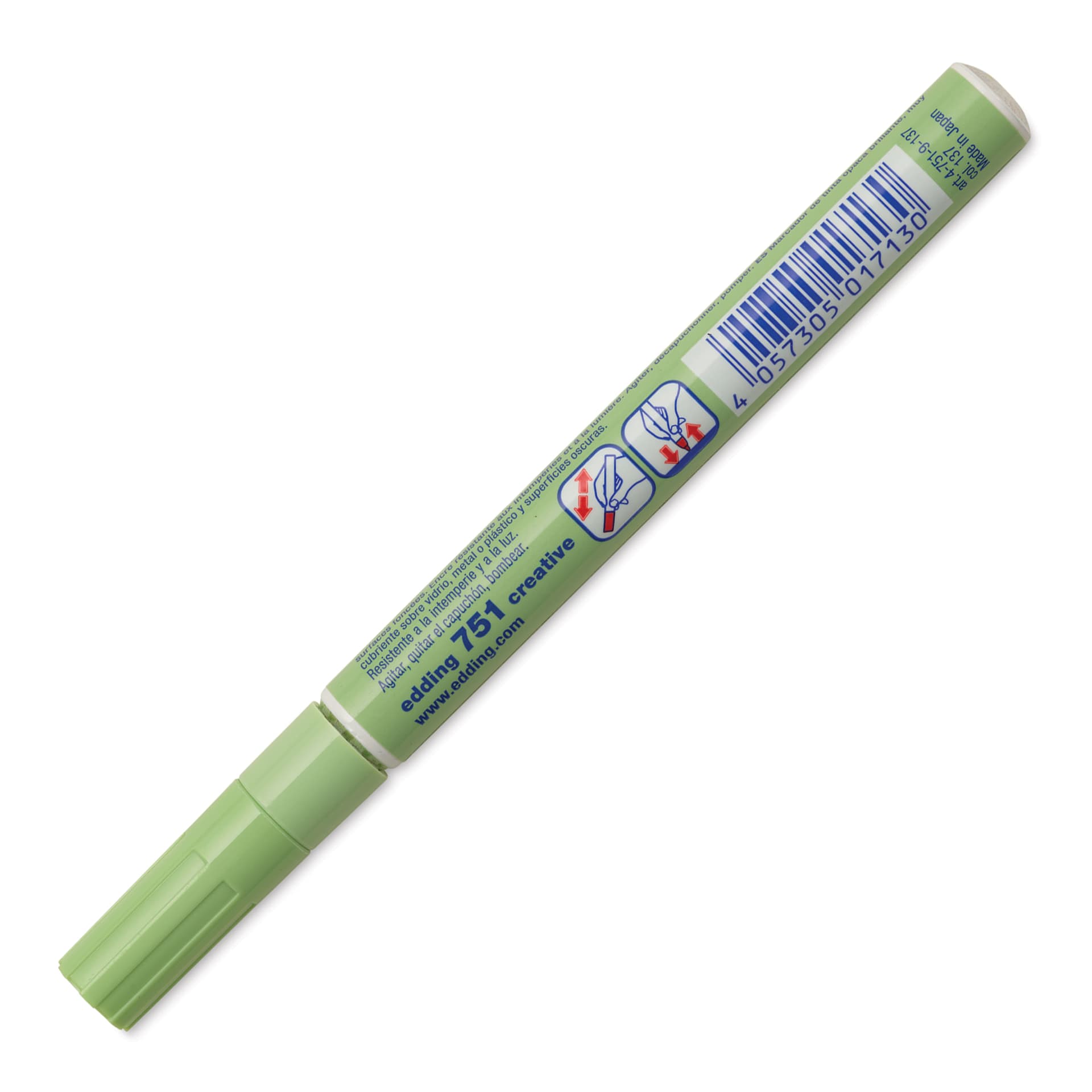 Edding Gloss Paint Marker - Pastel Green, Round Nib, 1-2 mm, marker barrel showing usage instructions