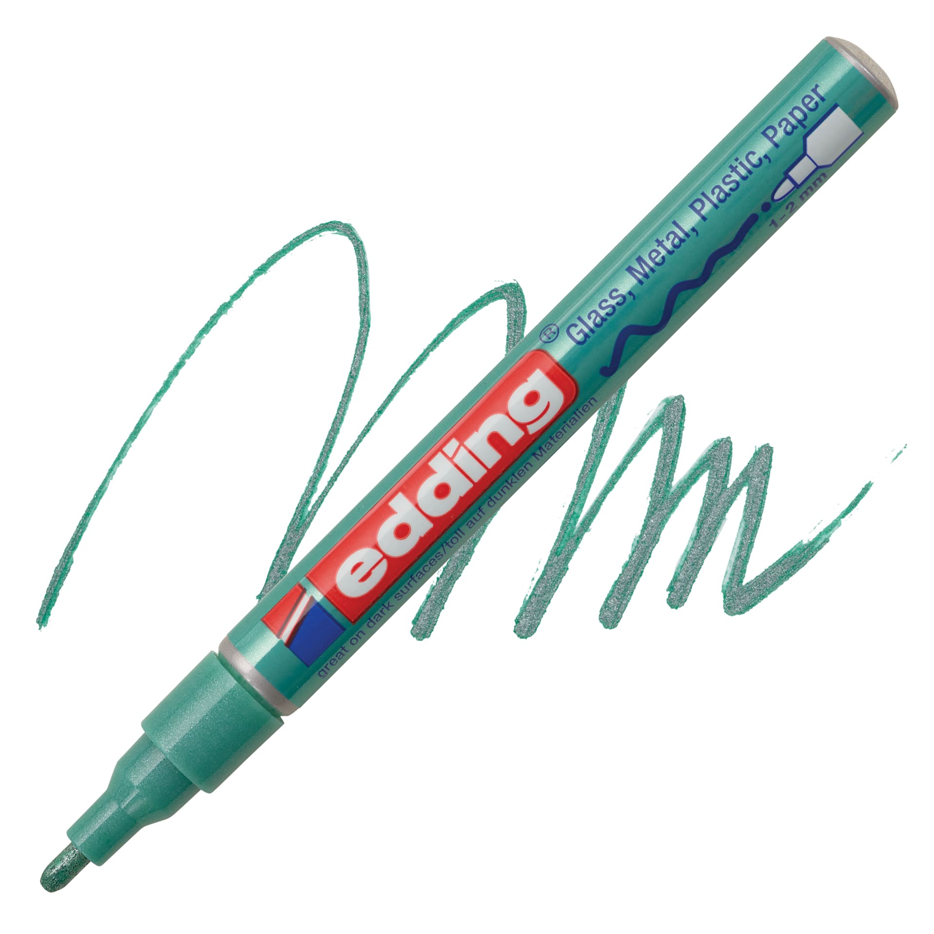 Edding Gloss Paint Marker - Green Metallic, Round Nib, 1-2 mm, swatch and marker