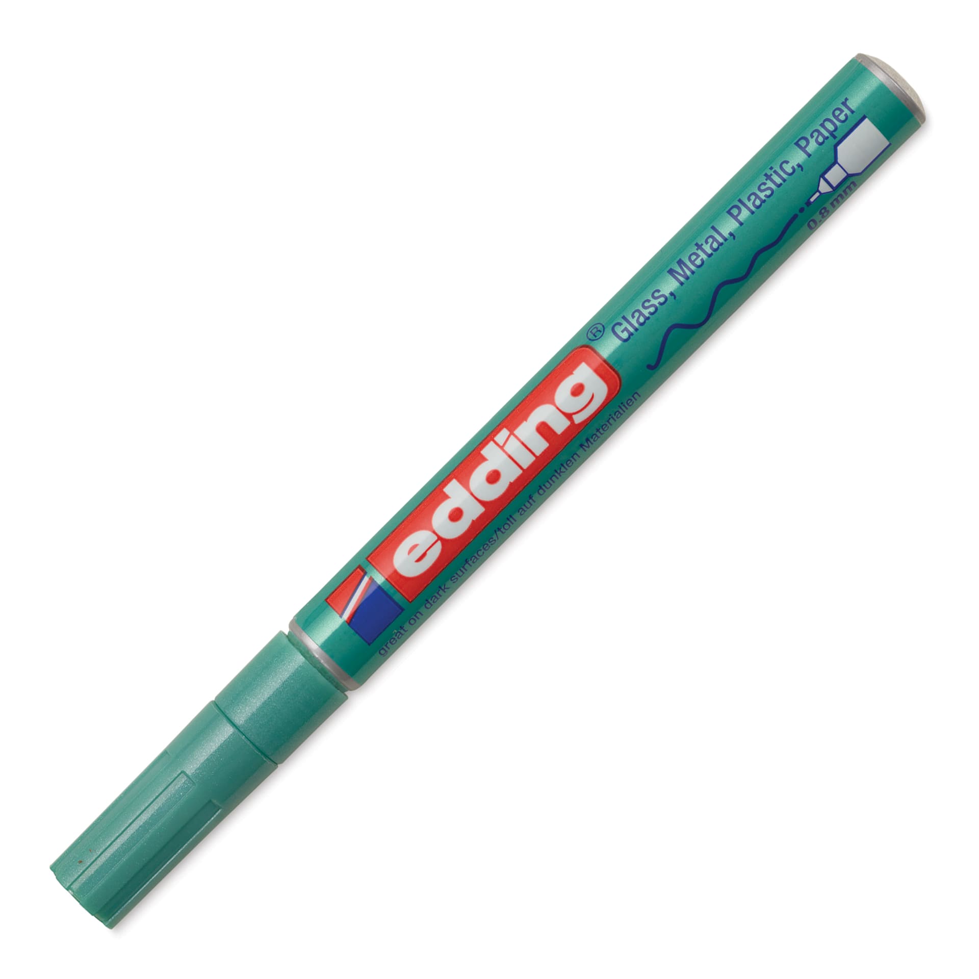 Edding Gloss Paint Marker - Green Metallic, Round Nib, 0.8 mm, cap off