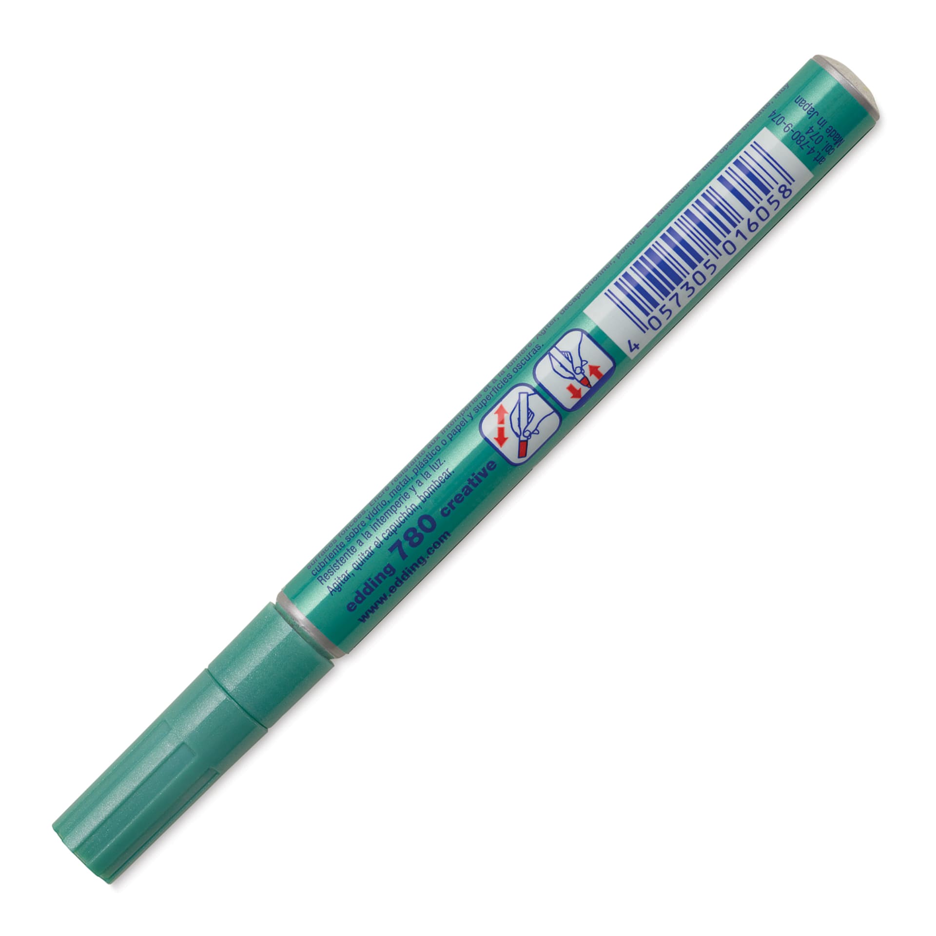 Edding Gloss Paint Marker - Green Metallic, Round Nib, 0.8 mm, marker barrel showing usage instructions