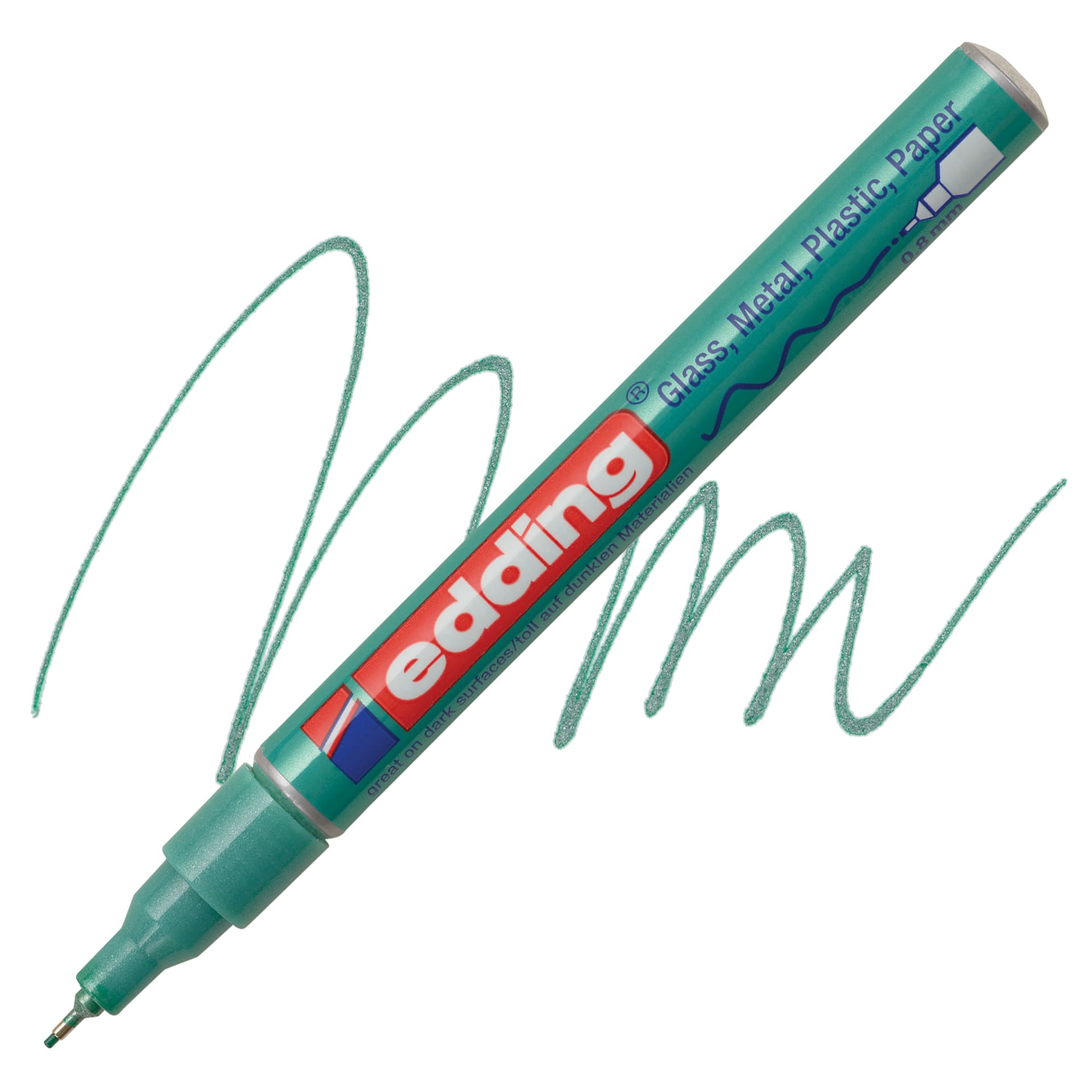 Edding Gloss Paint Marker - Green Metallic, Round Nib, 0.8 mm, swatch and marker