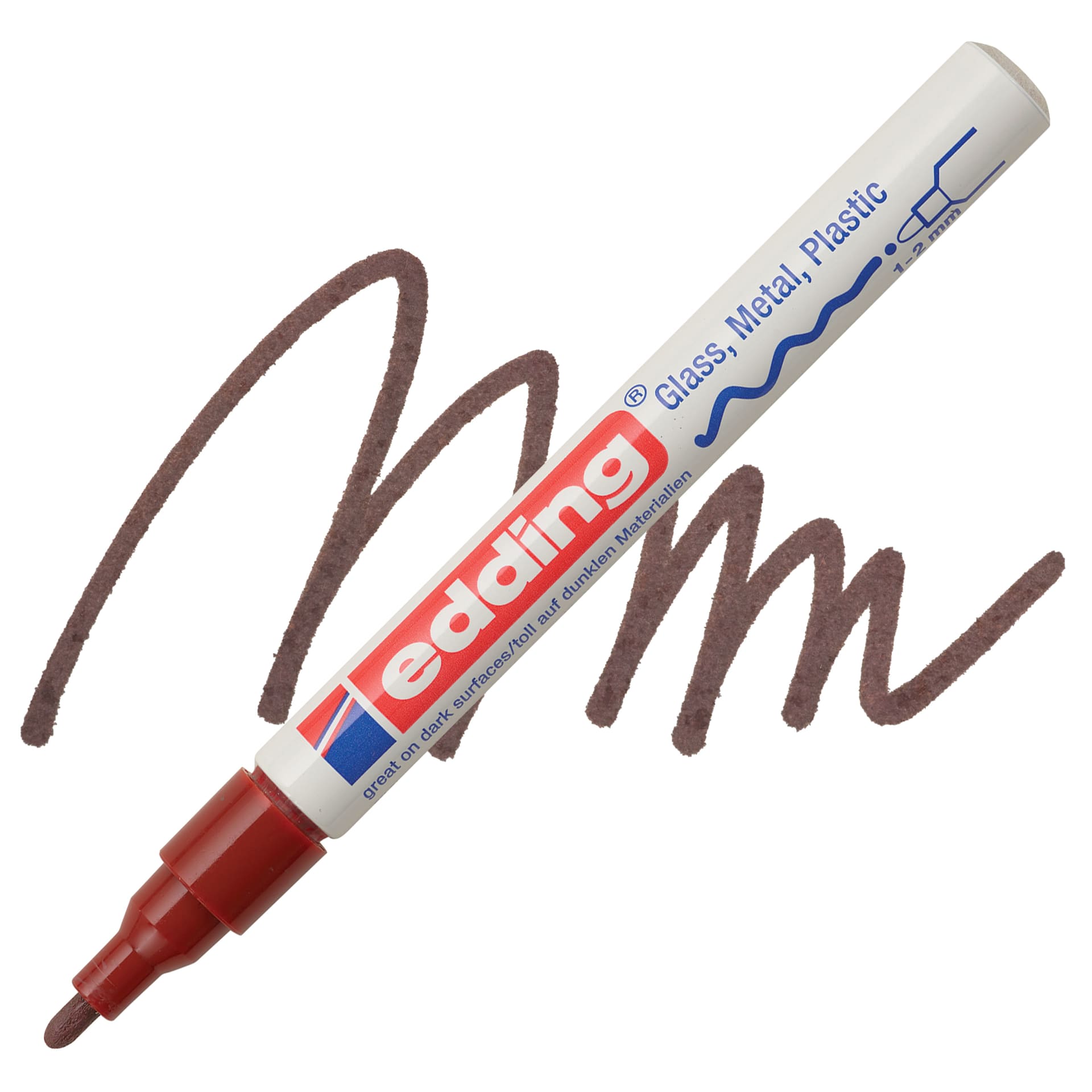 Edding Gloss Paint Marker - Brown, Round Nib, 1-2 mm, swatch and marker