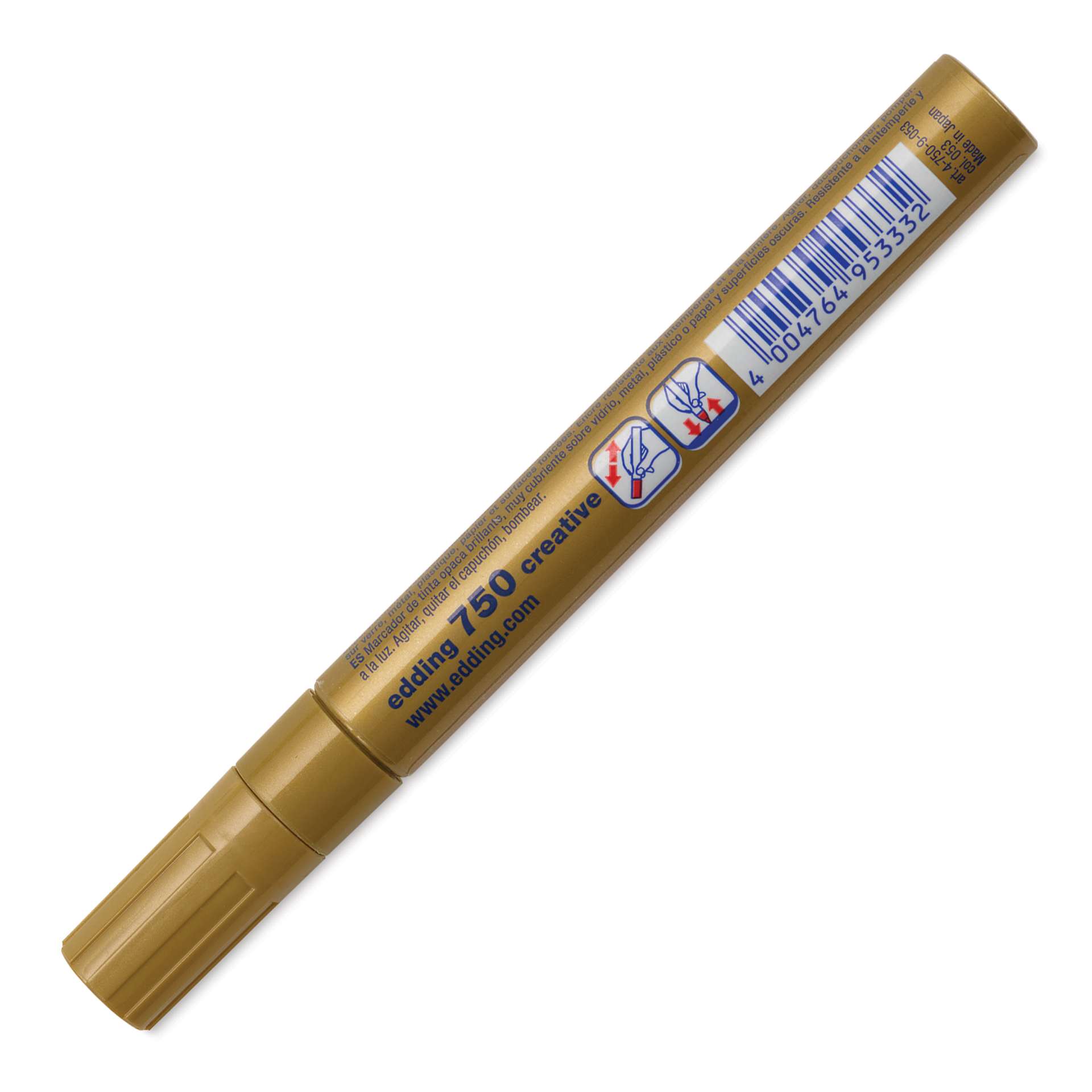 Edding Gloss Paint Marker - Gold, Round Nib, 2-4 mm, marker barrel showing usage instructions